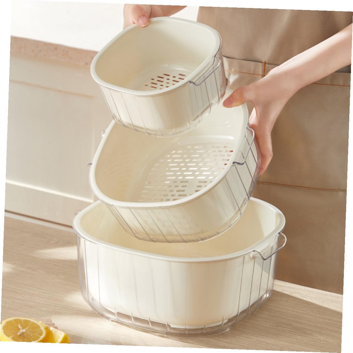Angoily 3Pcs Detachable Double Draining Basket with Handles for Kitchen Washing Thickened Washing Baskets for Fruits Vegetables and Household Use