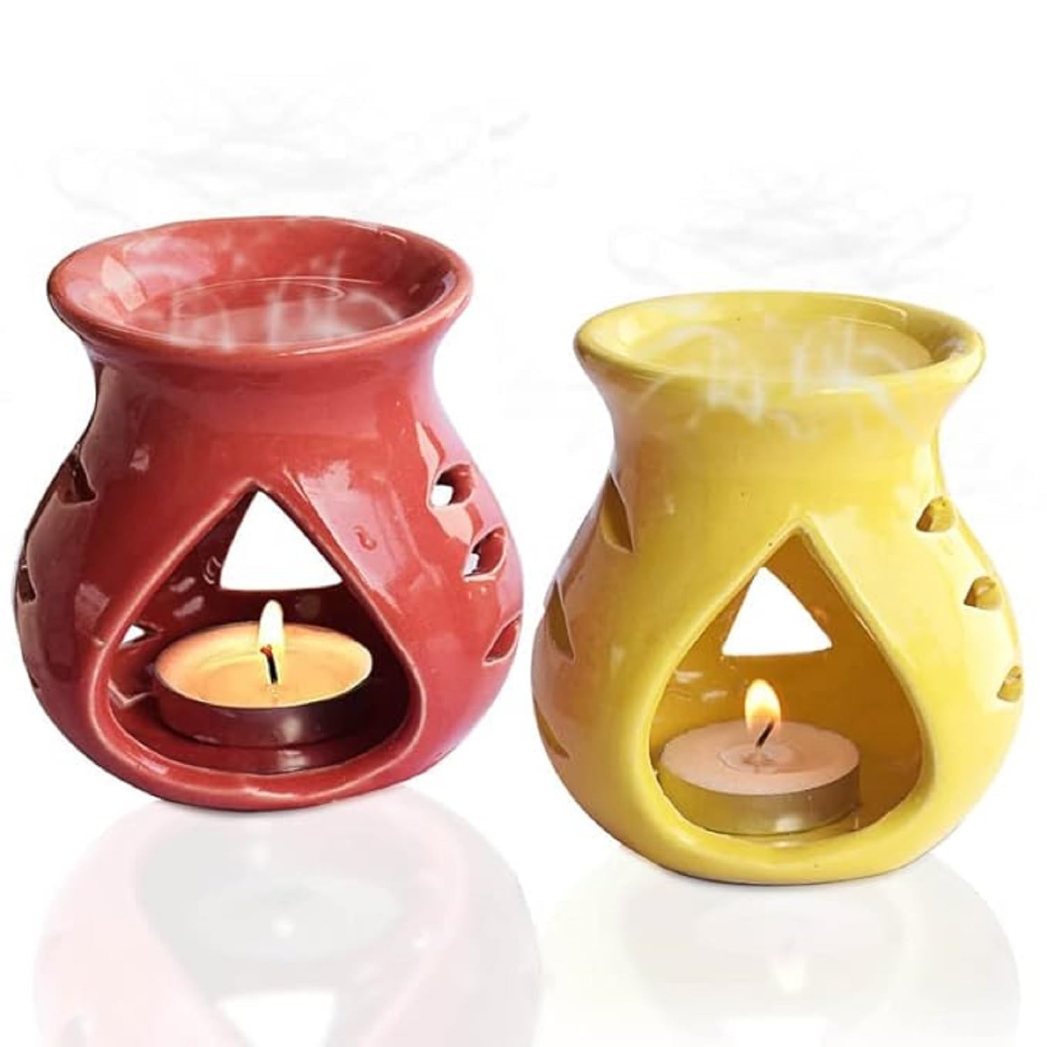 Pure Source IndiaCeramic Oil Burner Aroma Diffuser Set of 2 (Red & Yellow)