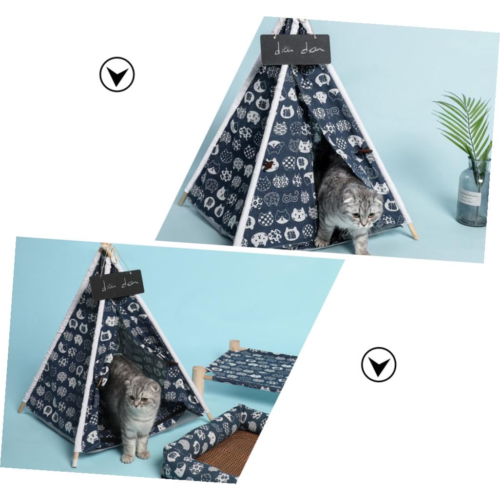 LIOOBO Tente pour Chien Lavable en Lin et Bois, Bleu Marine