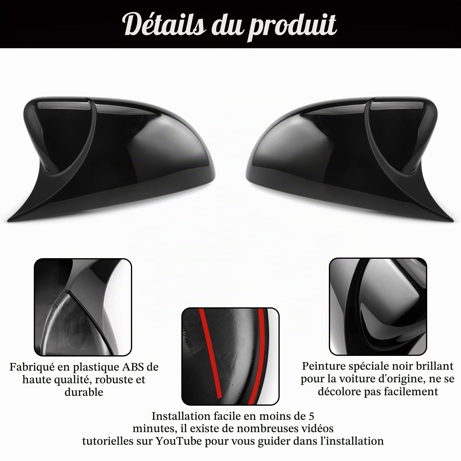 Coques de Rétroviseurs pour Voiture, Porte Latérale Aile Rétroviseur ABS Compatible avec Golf 6 MK6 GTD R Base 2009-2011 GTI R20,5K1 1.2 TSI TDI etc. Noir brillant, 1 Paire