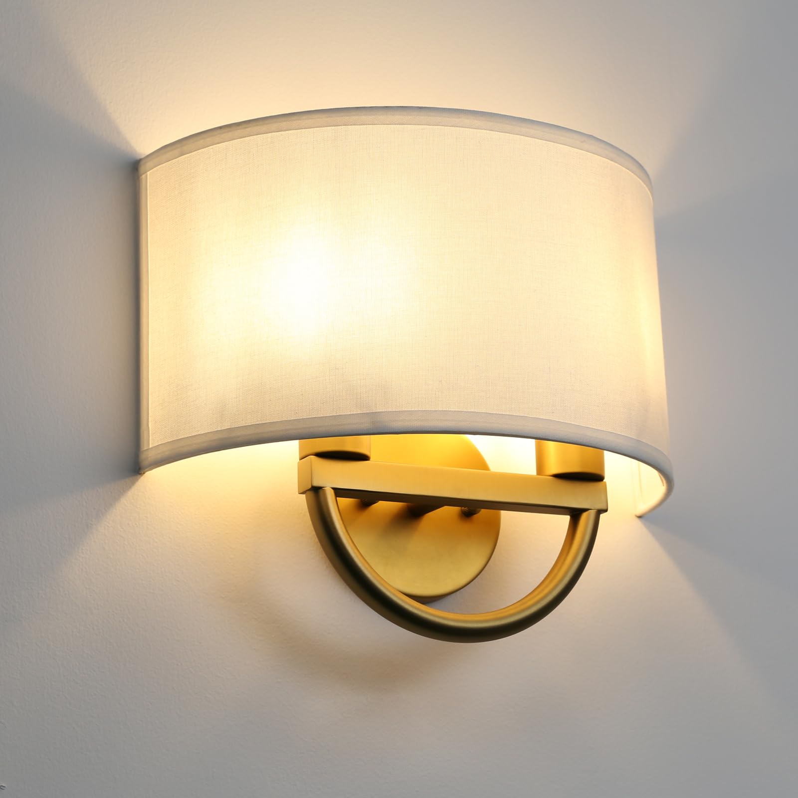 Condition photo showing As Is for industrial 2-lights wall sconce fixture with white fabric shade, double arm wall light lamps decor for hallway bedroom living room bathroom stairway