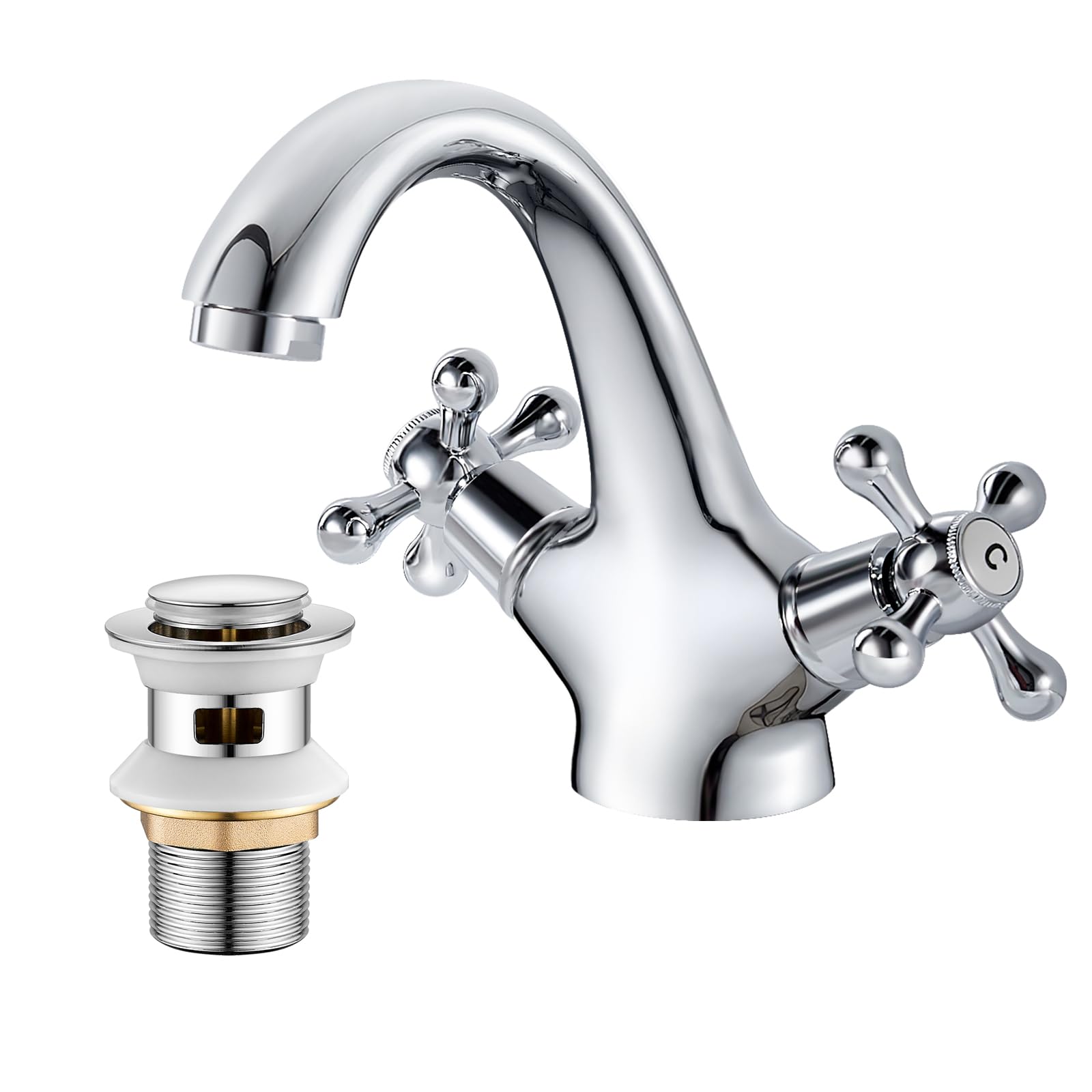 Basin Mixer Tap Monobloc Washbasin Tap with pop up Waste, Victorian Basin Sink Taps Chrome, Dual Lever Basin Mixer Faucet with UK Standard Hoses