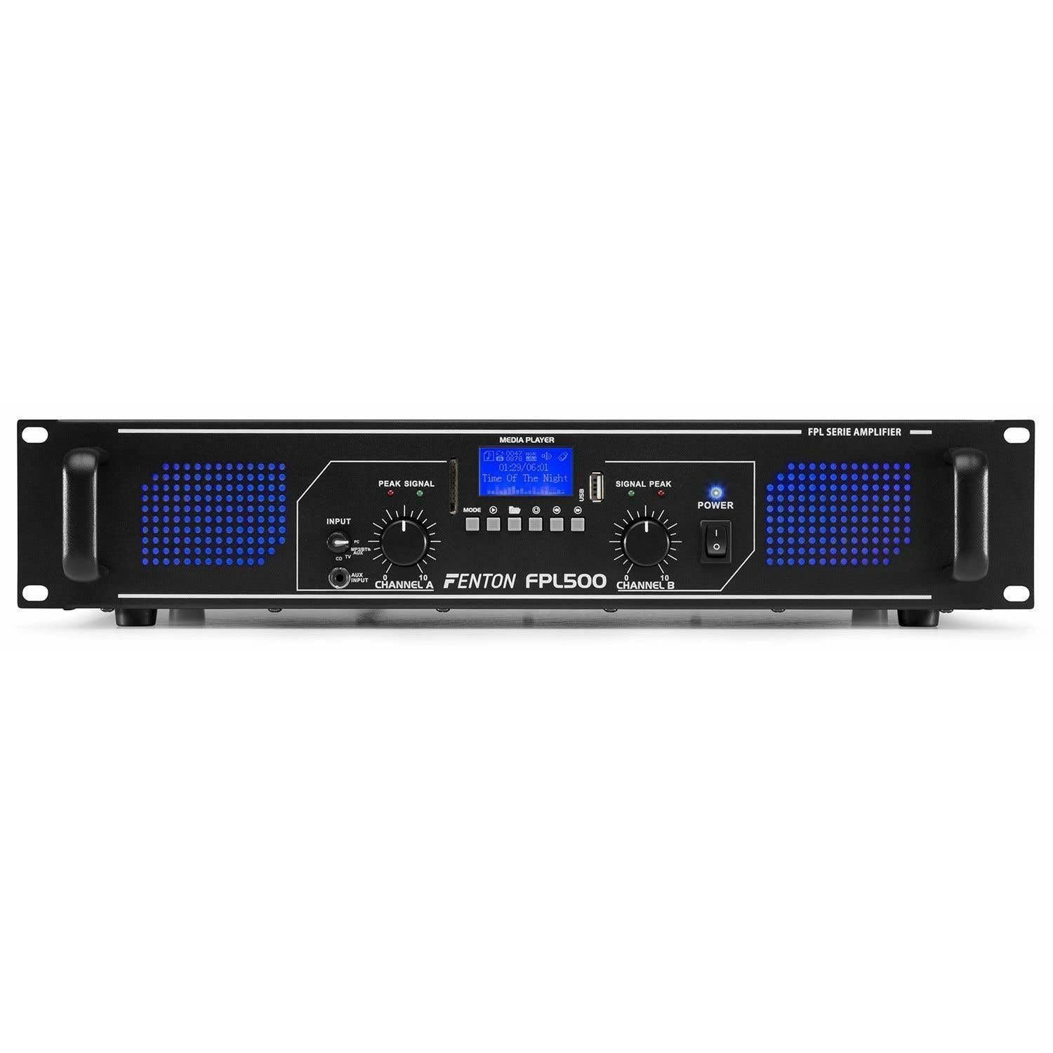 Fenton FPL500 Amplificador Digital clase D de 500W con panel frontal iluminado con LEDs Azules, 4 entradas estéreo, receptor bluetooth, reproductor MP3 USB/SD, mando a distancia incluido