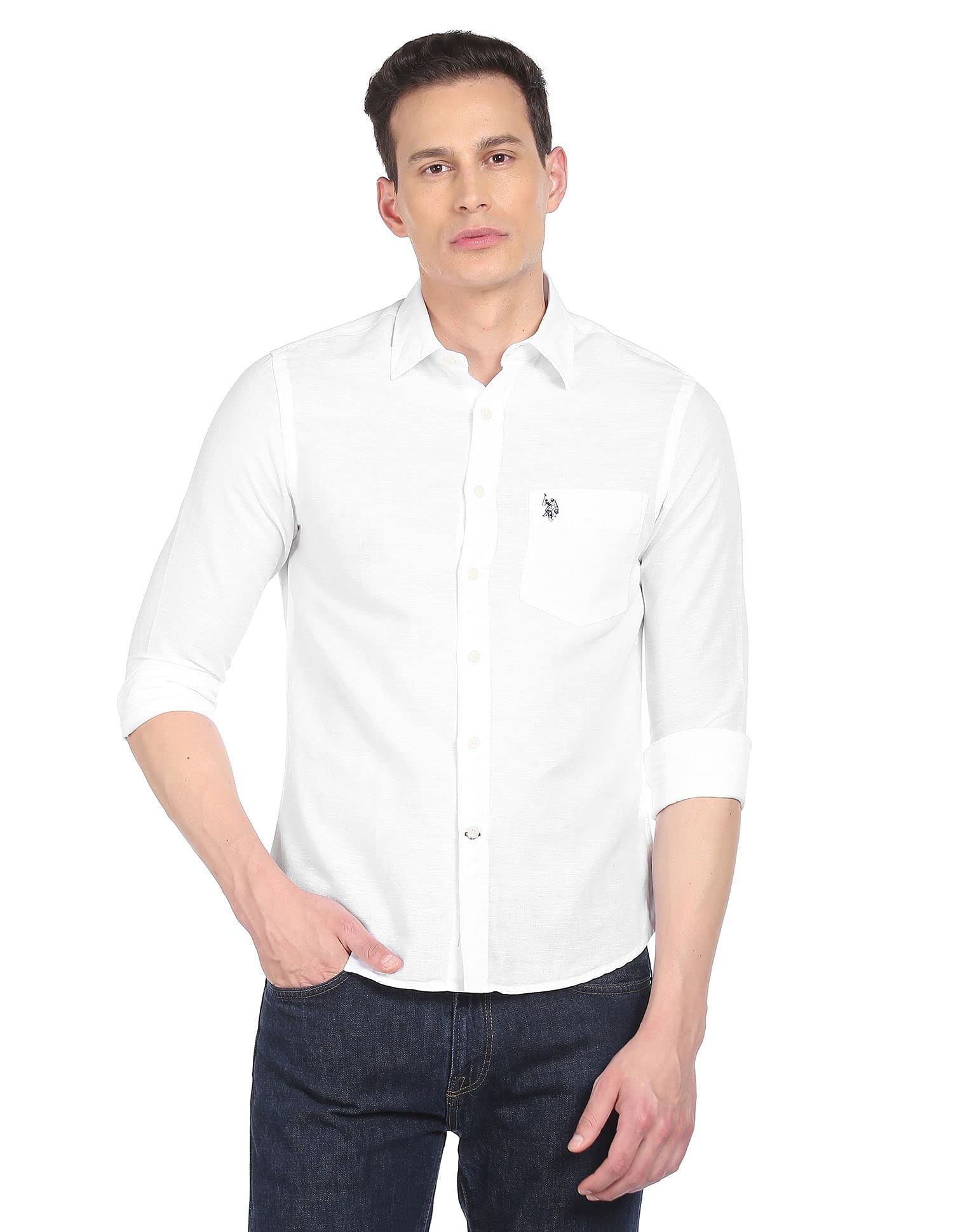 u.s. polo assn. Men's Solid Cotton Linen Tailored Fit Spread Collar Casual Shirt-picture-29