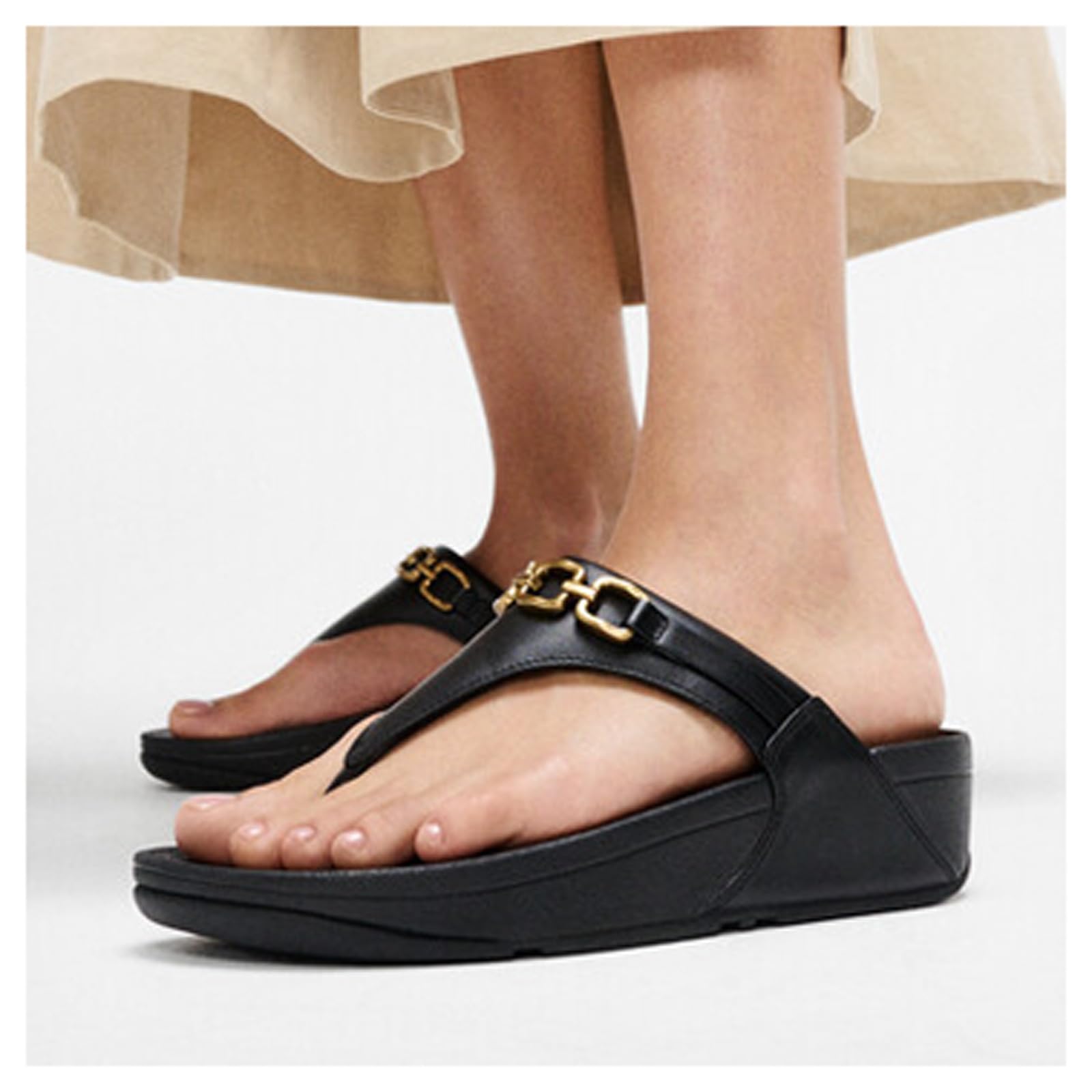Fitflop Lulu Square-chain Leather Toe-post Sandals SandaleFemme | Tongs confortables d'été décontractées avec semelle extérieure en caoutchouc antidérapant
