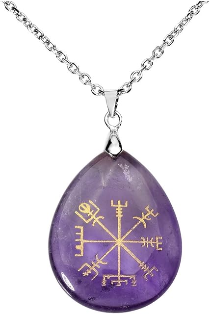 Jovivi Viking Compass Vegvisir Rune Crystal Quartz Healing Teardrop Gemstone Chakra Pendant Necklace 24"