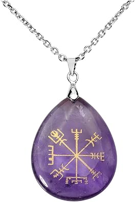 Jovivi Silver Plated Viking Compass Vegvisir Healing Stone Crystal Necklace Teardrop Gemstone Chakra Pendant Necklace 24"
