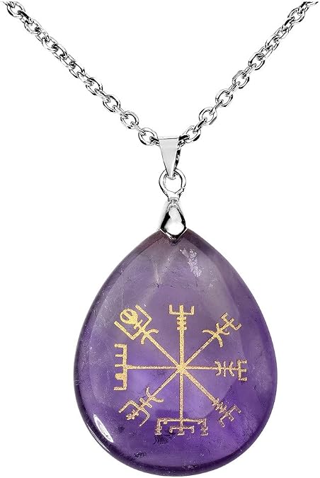 Jovivi Silver Plated Viking Compass Vegvisir Healing Stone Crystal Necklace Teardrop Gemstone Chakra Pendant Necklace 24