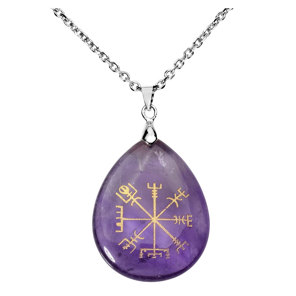Jovivi Silver Plated Viking Compass Vegvisir Healing Stone Crystal Necklace Teardrop Gemstone Chakra Pendant Necklace 24" - Image 2