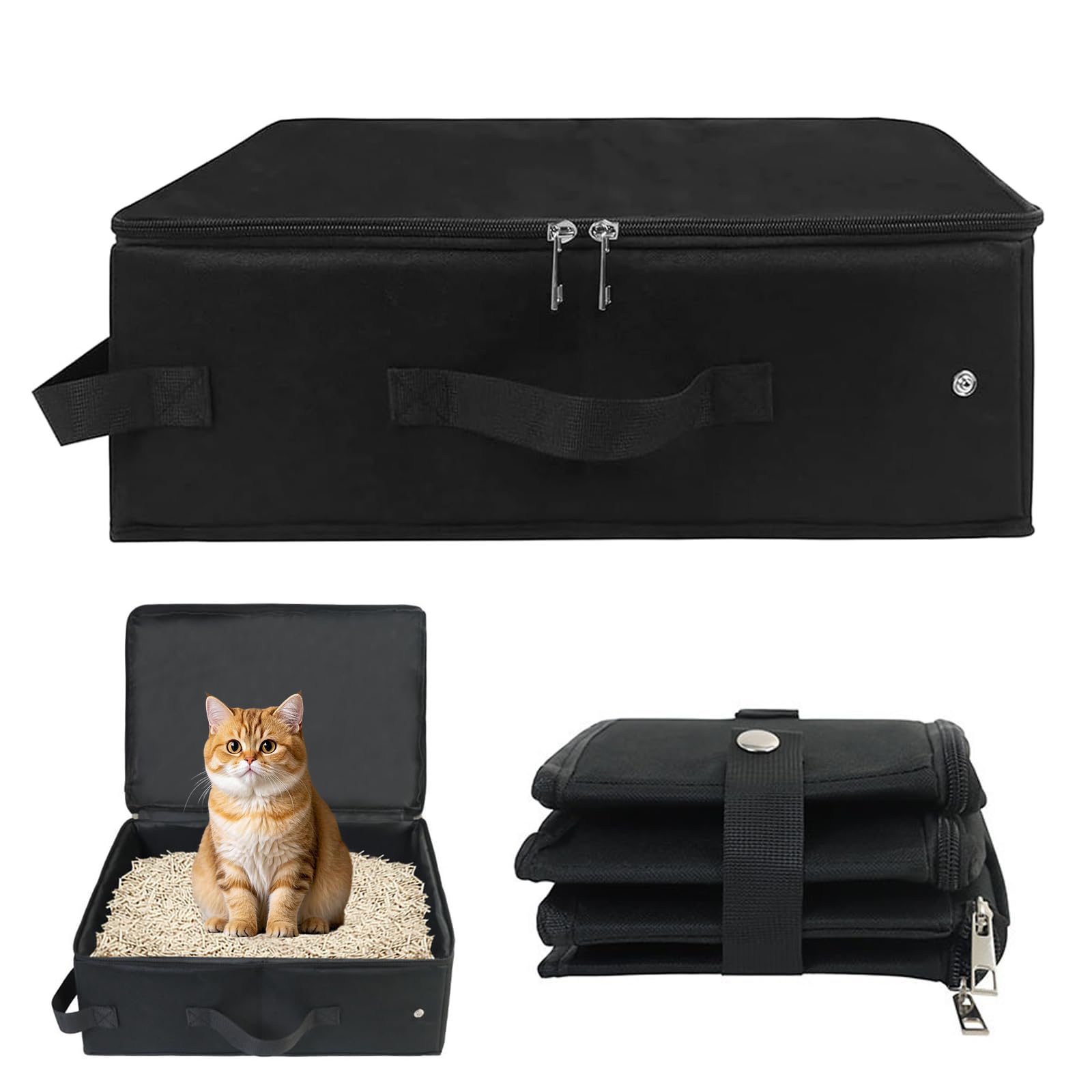 Arenero Portatil Gatos, 40 x 30 cm Arenero de Viaje para Gatos Portatil con Tapa, Material de Tela Oxford Gato de Viaje, Transportín Acampar, Coche, Interior y Exterior (Negro)
