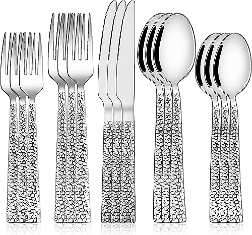 Terlulu Besteck Set 12 Personen, 60 teilig Edelstahl Besteckset, Gehämmertes Essbesteck Set mit Messer Gabel Löffel, Hochwertiges Edelstahlbesteck, Hochglanzpoliert & Spülmaschinenfest
