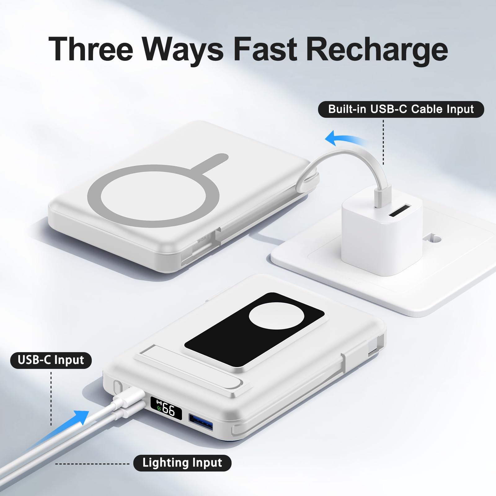for Batterie Externe Iphone, 10000mAh Power Bank Magnétique Compatible avec MagSafe, Charge Rapide PD 20W avec 2 Câble et Support et Affichage LED, for iPhone 17-12 et Apple Watch Series(Blanc