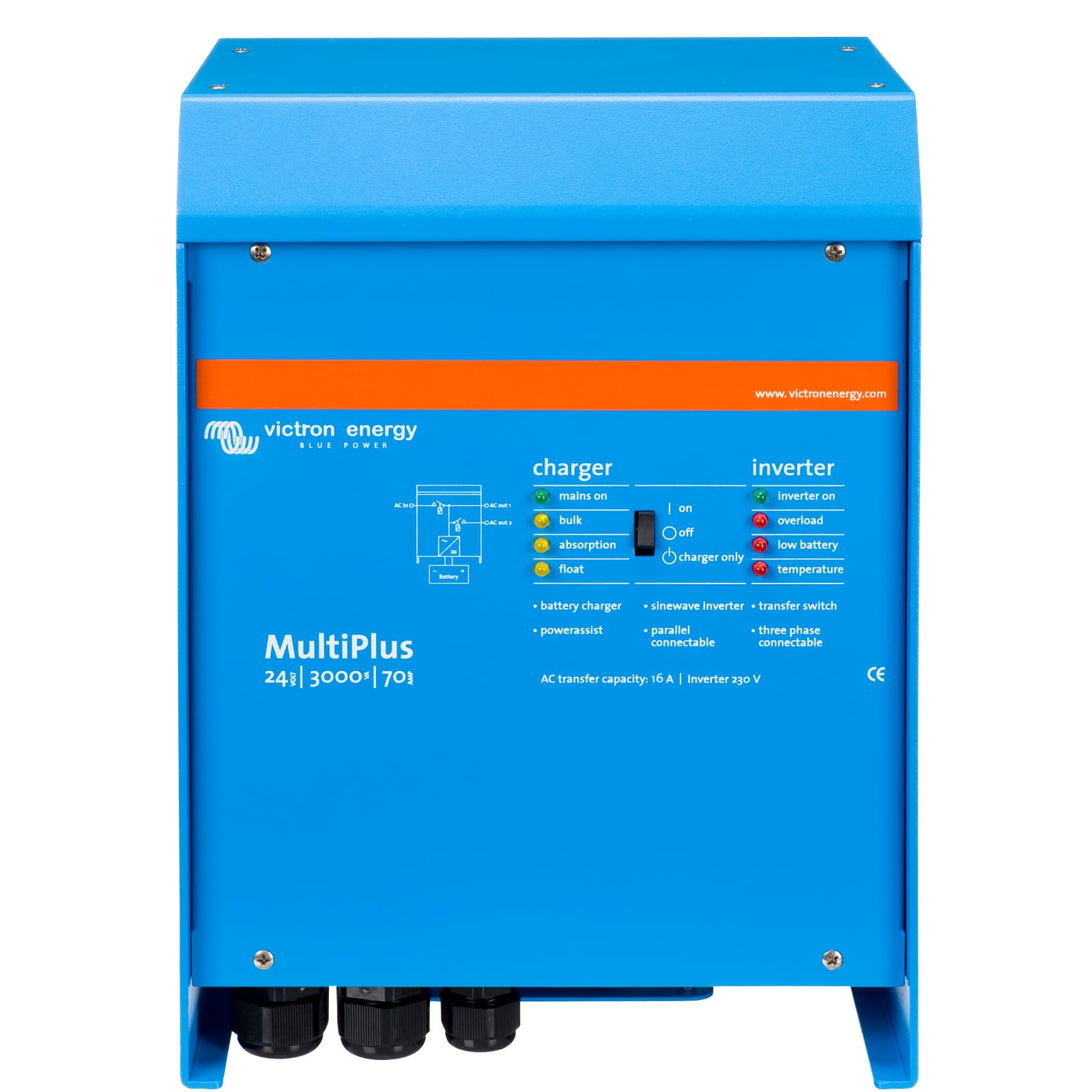 Victron Energy MultiPlus Reiner Sinus Wechselrichter 70 Amp Batterie Ladegerät, Spannungswandler, Transferschalter Inverter Charger, 16 Amp, 3000VA 24-Volt 230V