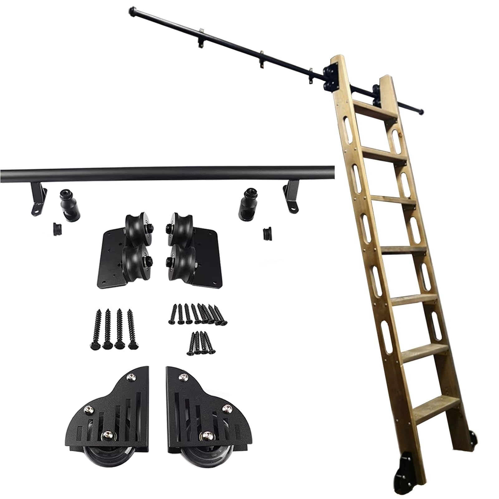 GHFXSCV HeavyDuty Black Rolling Library Ladder Hardware Kit, RESISTENT Metal Mobile Ladder Track Rail with Round Tube Design and Efficient Floor Roller Wheels (12ft/366cm Track kit)
