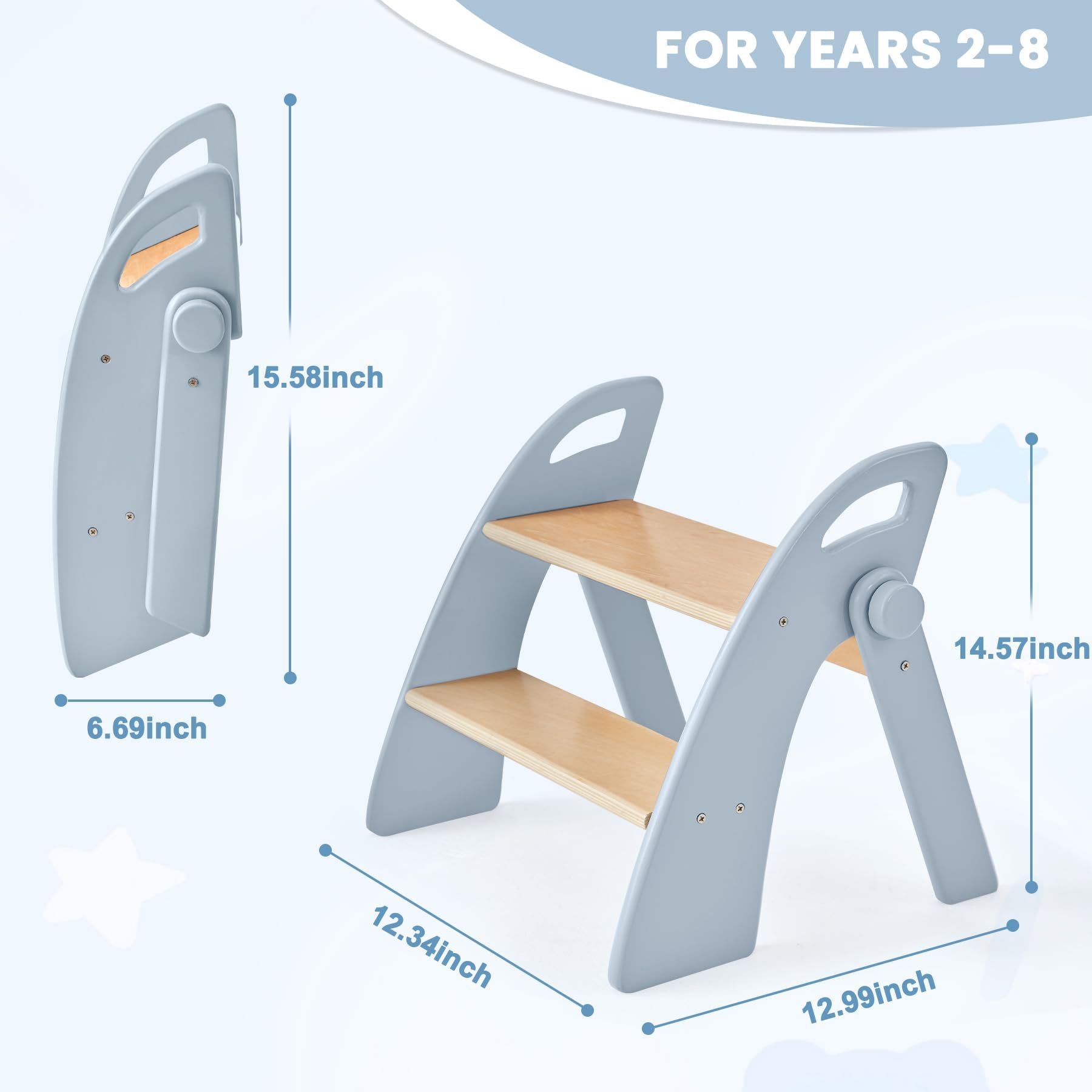 Taburete Niños Madera de 2 Peldaños Plegable, Capacidad de 130 kg con Alfombrilla Antideslizante y Asas, Escalon Infantil para Dormitorio, Cuarto de Caño, Cocina, Azul