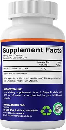 Miniatura 8 de Vitamatic Orotato de litio de 5 mg, 240 cápsulas vegetales, sin OMG, sin gluten.