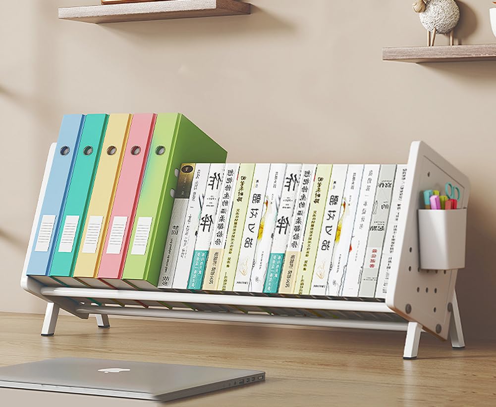 Kippbares Bücherregal aus Metall für Bücher, Dokumentenhalter, Schreibtisch-Organizer, Büro-Tischbuch-Aufbewahrungsregal, tragbarer Zeitschriftenständer, Papierbriefhalter (Weiß, B (50 x 18,2 x 31 cm)