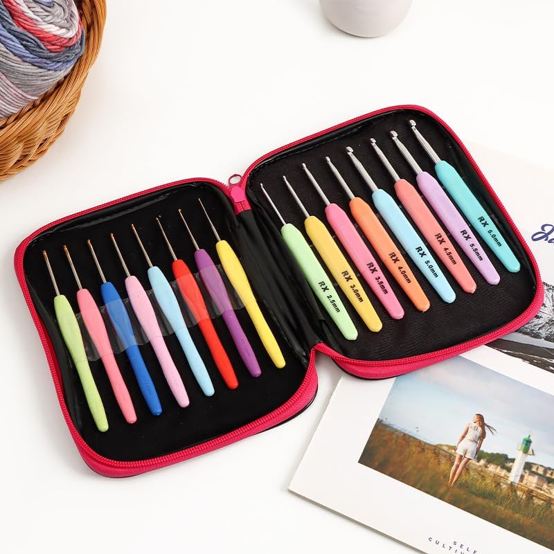 16Pcs Multi Colored Crochet Hooks Set, Light Crochet Hooks Set with Case Yarn Needles Aluminum Knitting Hooks Kit with Soft Handle for Arthritic Hands and Any Hand Pain