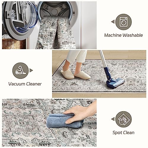 Madane 6x9 Area Rugs for Living Room, Stain Resistant Washable Rugs, Non-Slip Backing Area Rug, Vintage Home Decor Rug for Bedroom (Ivory/Brown, 6'x9')