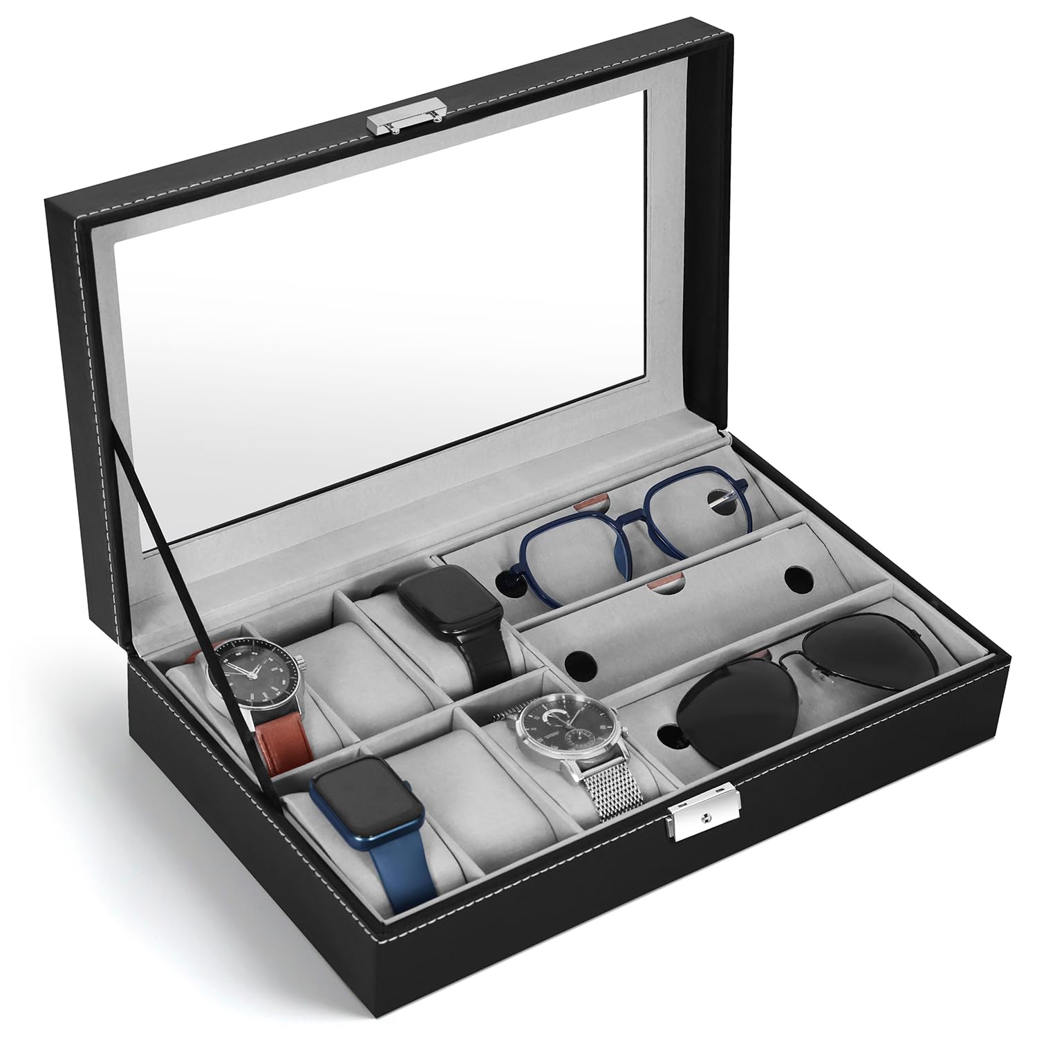 ABOUT SPACE Watch Box - PU Leather Watch Organizer Case & Sunglass Box for Men & Women with Press Lock & Key, 6 Removable Watch Slots & 3 Sunglass Slots with Clear Display (Black-D 33 X W 20 x H 8 cm) (B0CBKF12C3) Amazon Price History, Amazon Price Tracker