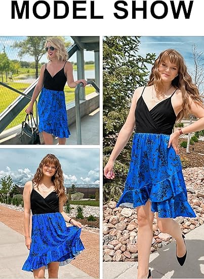 Image of ULTRANICE Womens Summer Dresses Floral V Neck Ruffled Hem Spaghetti Spring Casual Beach Outfits Flowy Wrap Sun Dress