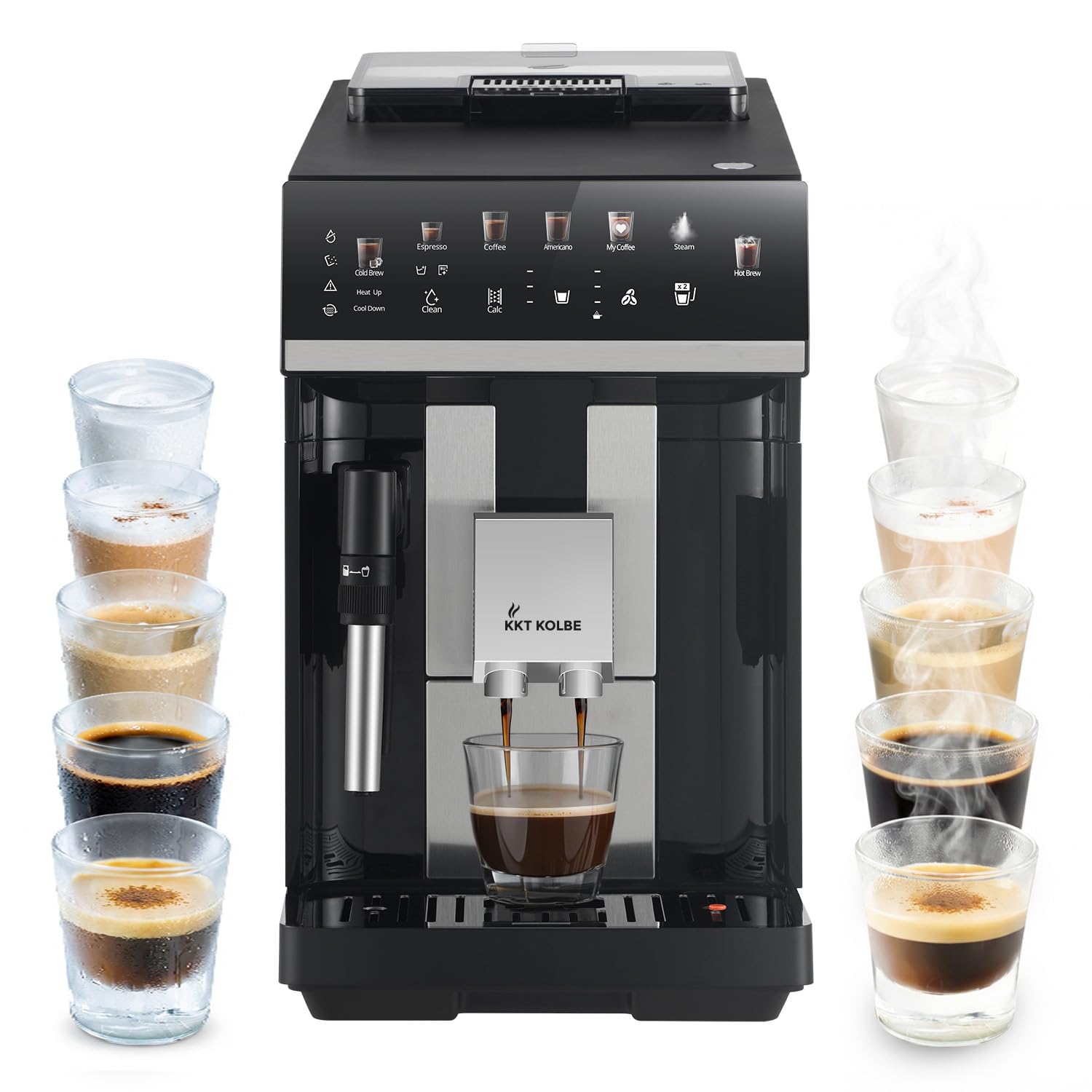 KKT KOLBE W pełni automatyczny ekspres do kawy z dyszą do spieniania mleka, ColdBrew i akcesoriami, funkcja 2 filiżanek, 15 bar, 7-stopniowy mechanizm mielący, ekran dotykowy, automatyczne czyszczenie
