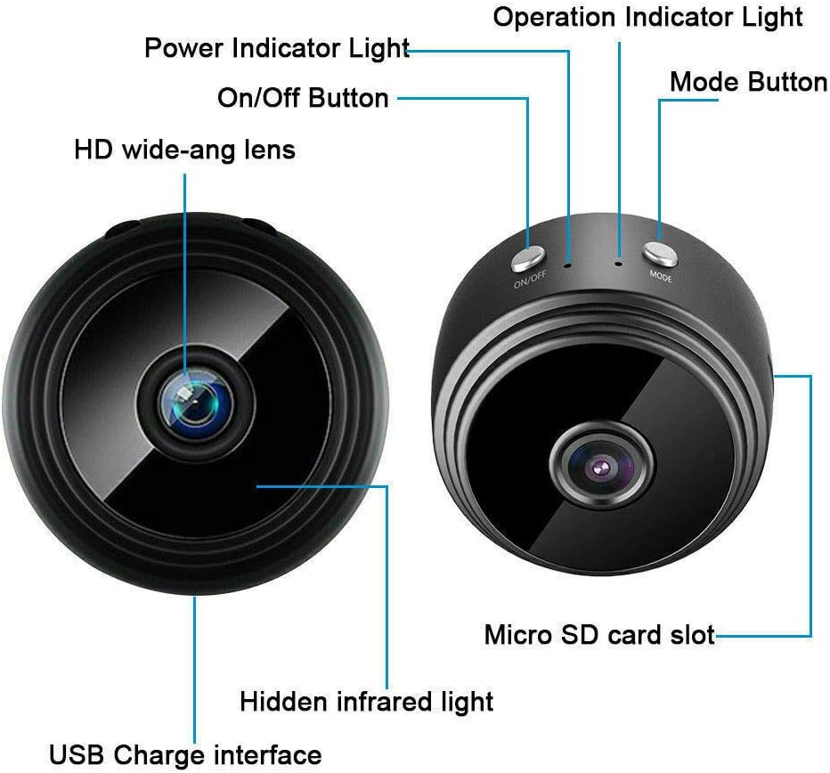 Diagram showing the A9 Mini Camera recording to a Micro SD card without Wi-Fi, with a sequence of recorded images.