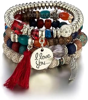 Latest Stylish Bohemian I Love You Feather Tassel Charm Multilayer Beaded Bangle Bodhi Bracelet for Women and Girls