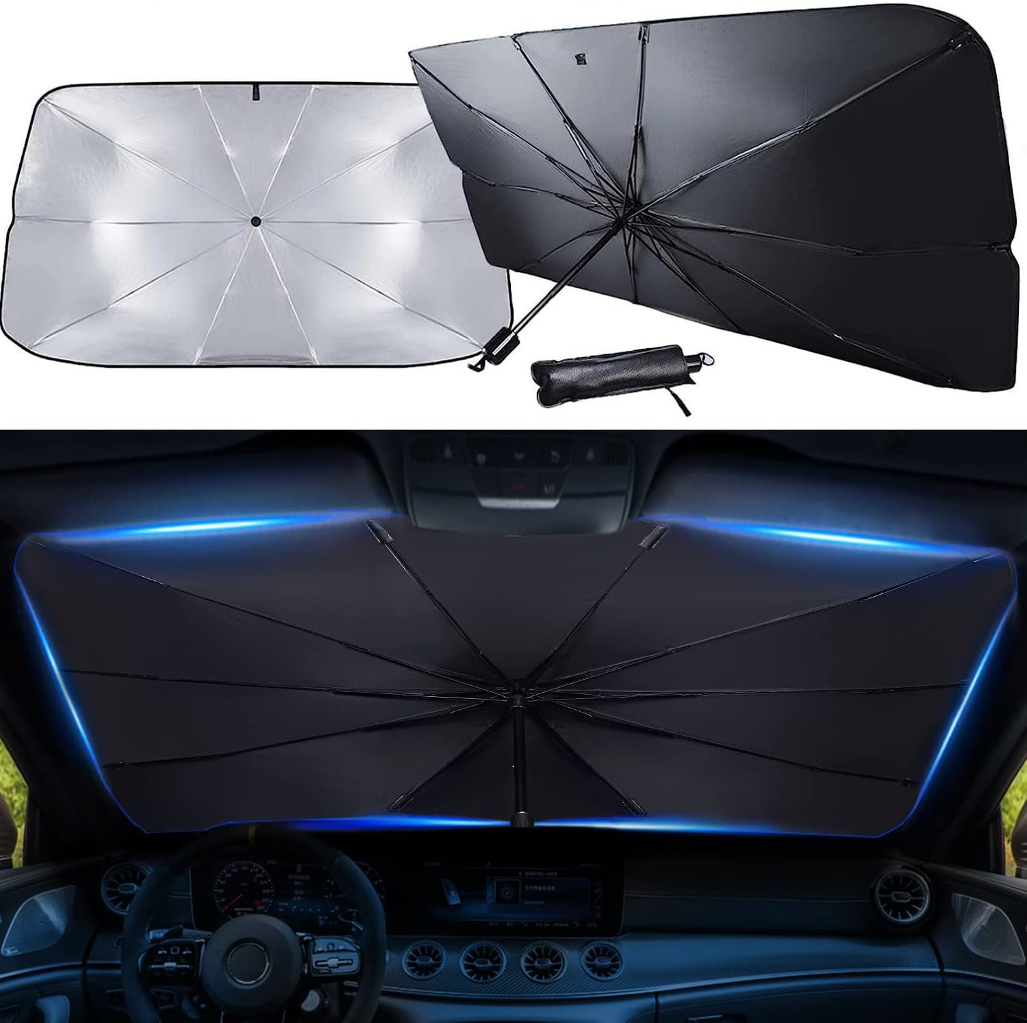 Car Windshield Sun Shade Umbrella, Durable 360° Bendable Car Shield Umbrella for Interior Sun Protection, Full Cover UV/Block Heat, Fit Compact/Midsize Sedan & Compact/Small/Medium SUV (49.2x25.5)