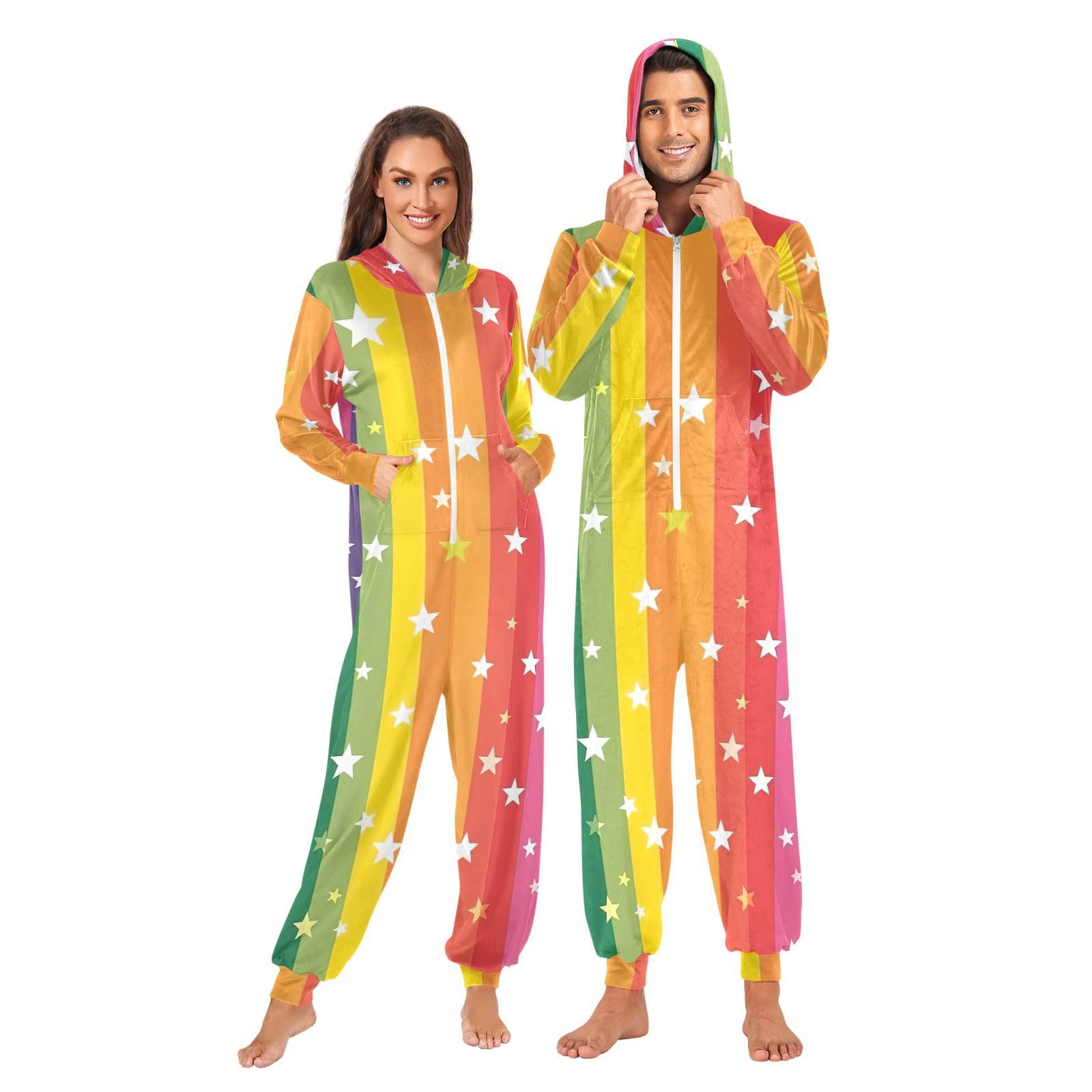 GAIREG Pigiama intero con cappuccio unisex per adulti a righe arcobaleno e stelle, pigiama natalizio per adulti con cappuccio