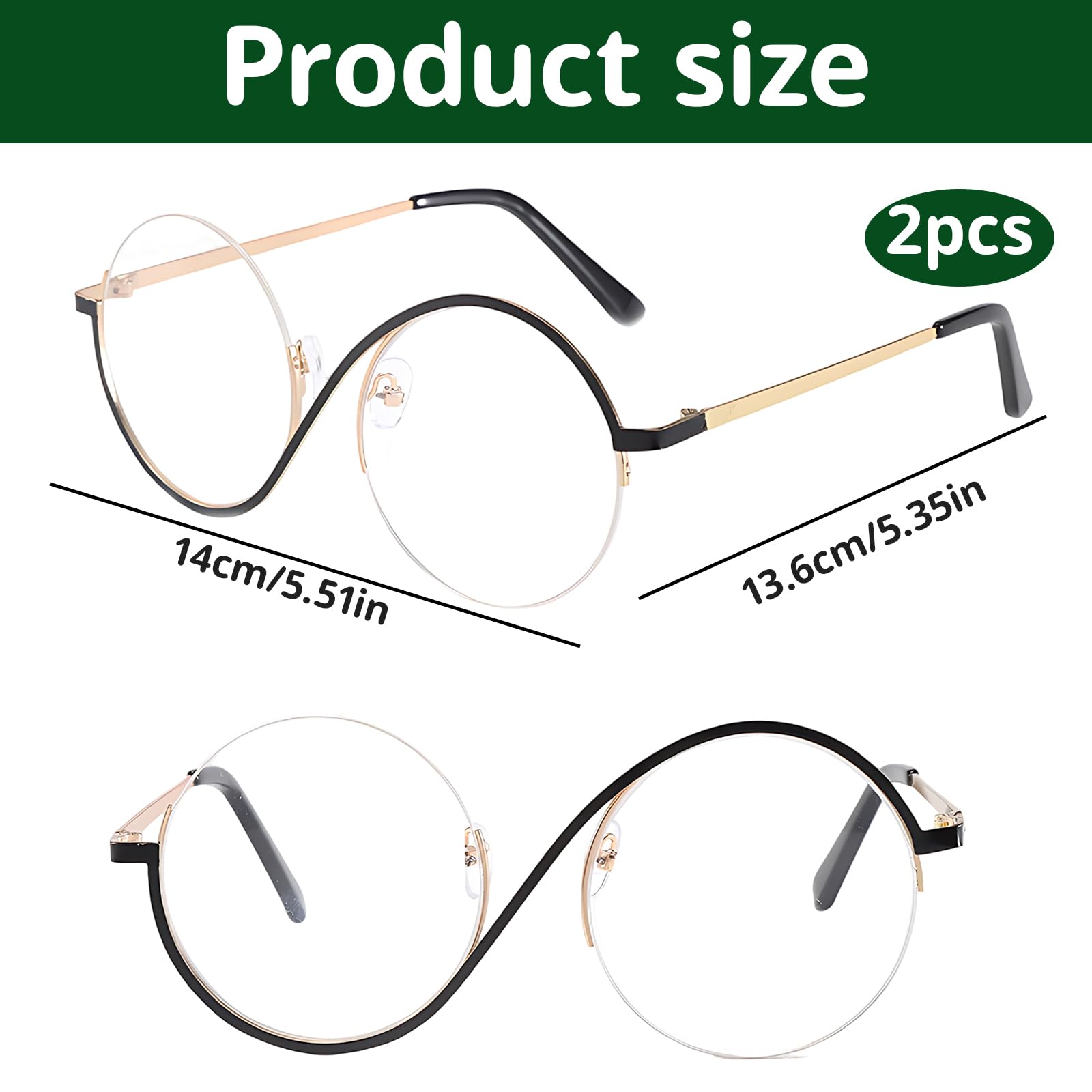 YTLSDHF 2 Pcs Wicked Glasses for Costume Metal Frame Black and Gold Round Eyewear for Women Man Cosplay Eyewear Eyeglasses for Witch Costume Carnival Fancy Dress Role Play Party - Image 2