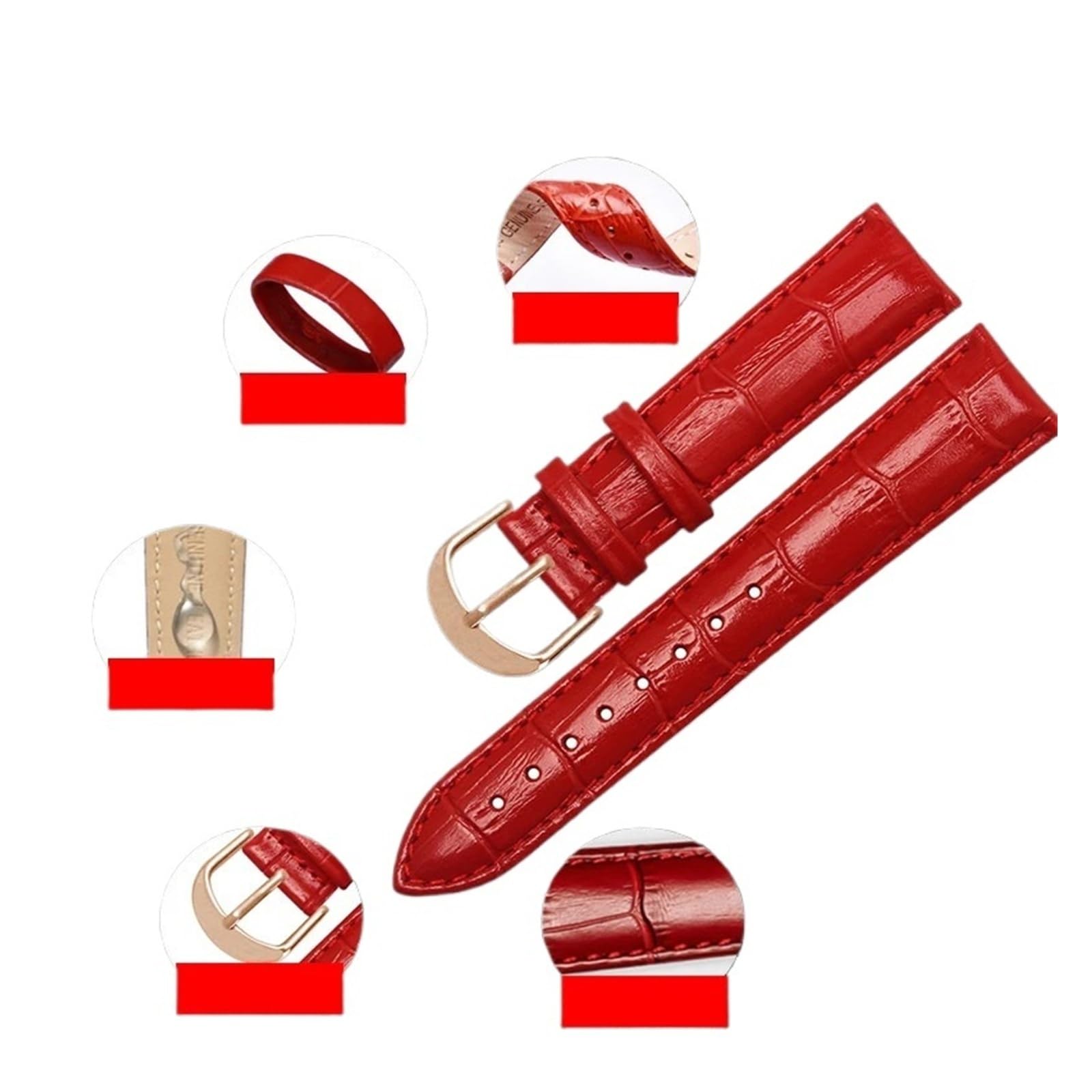 Genérico NASUNJIA Correas De Reloj De Cuero Genuino De 12 Mm, 15 Mm, 14 Mm, 16 Mm, 18 Mm Y 20 Mm For Mujeres Y Hombres, Accesorios De Correa De Cinturón Rojo Y Negro.