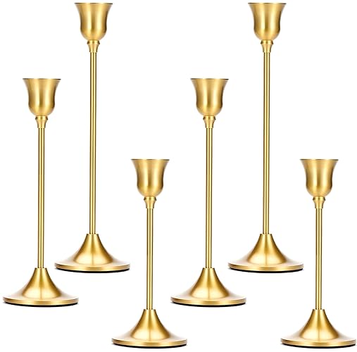 2 Sets(6 Pcs) Candle Stick Holders, Brass Gold Metal Taper Candle Holders, Vintage Modern Decorative Centerpiece Candlestick Holders for Table Mantel Wedding Housewarming Gift