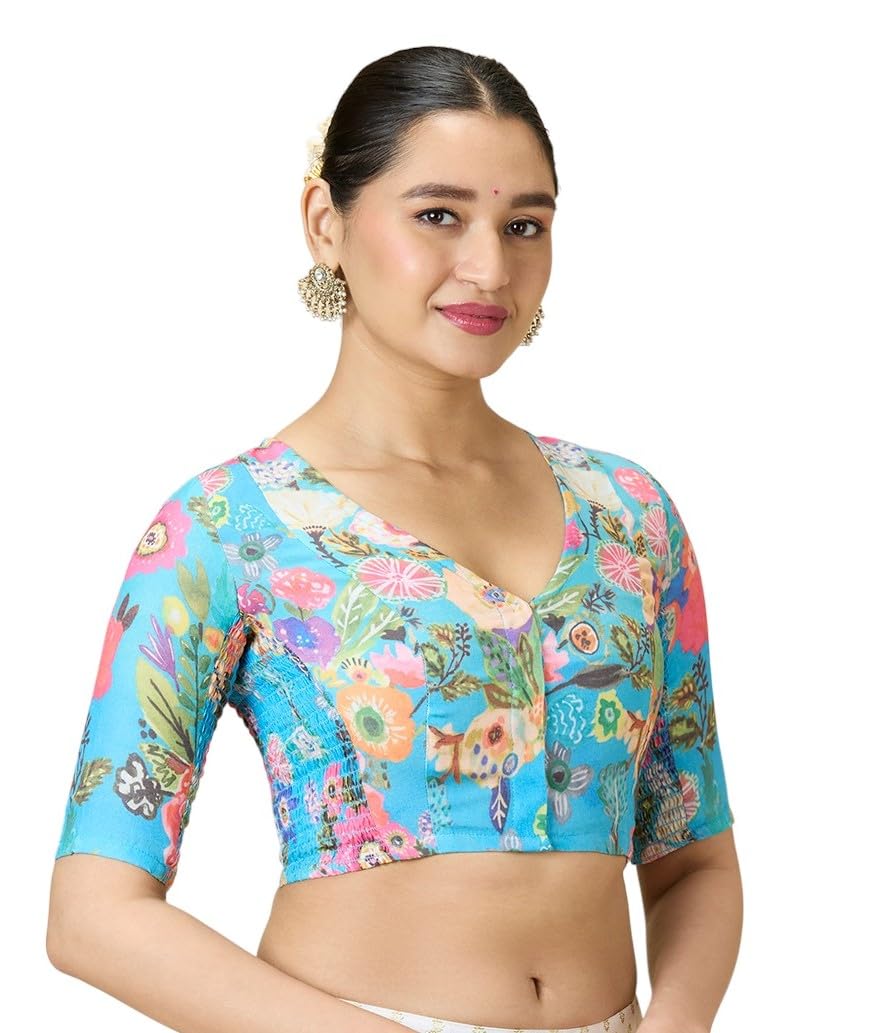 Women's Blue Cotton Fresh Floral Printed Side Stretch (Smocked) Readymade Saree Blouse-image-32