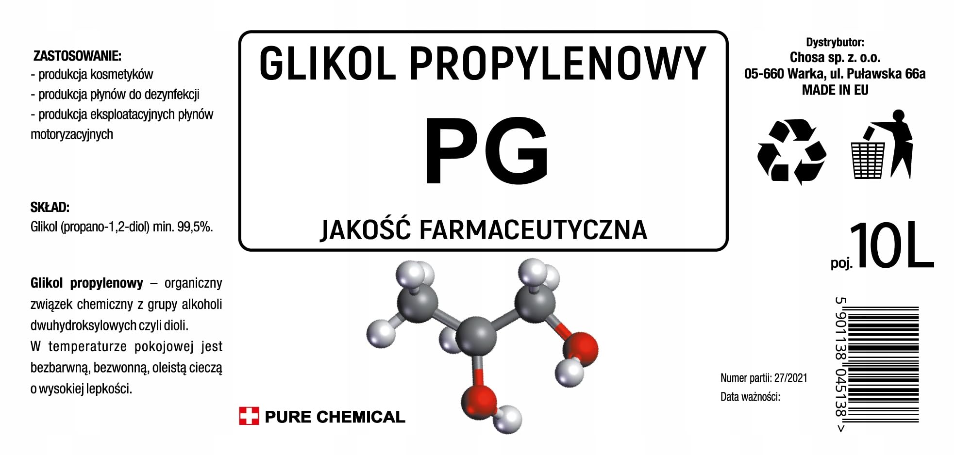 CHOSA Glicole Propilenico 10 litri - Propilenglicole E1520 PG 99,5% Puro Grado Farmaceutico USP - Ideale per Cosmetici - Perfetto per la Pulizia e la Disinfezione Fai Da Te, 10 l