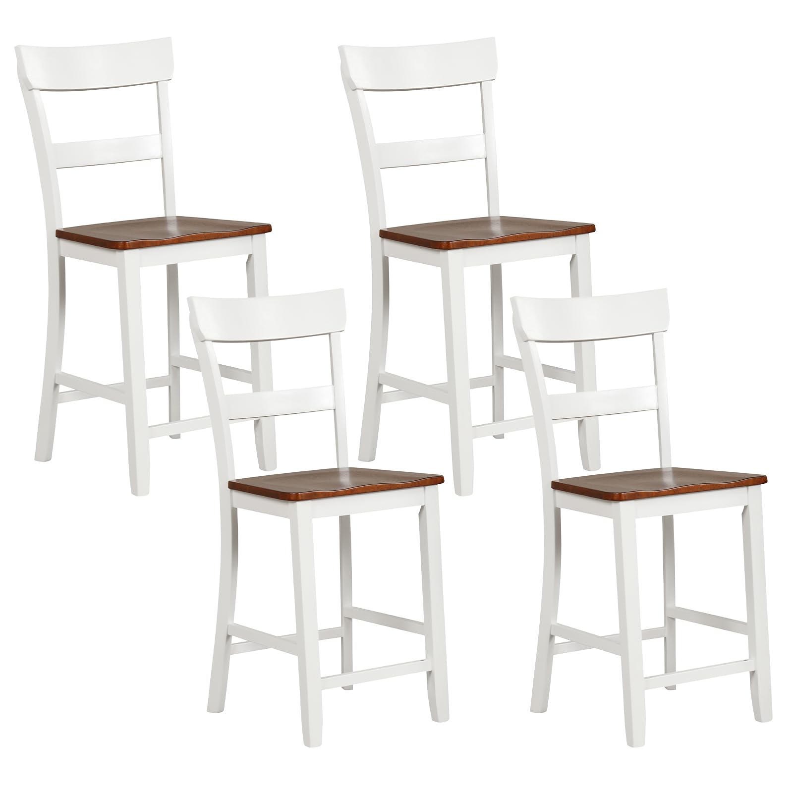 Giantex Wooden Bar Stools Counter Height Set of 4, 24.5" Farmhouse Wood Bar Dining Chairs with Solid Rubber Wood Frame, Backrest, Footrest, Armless