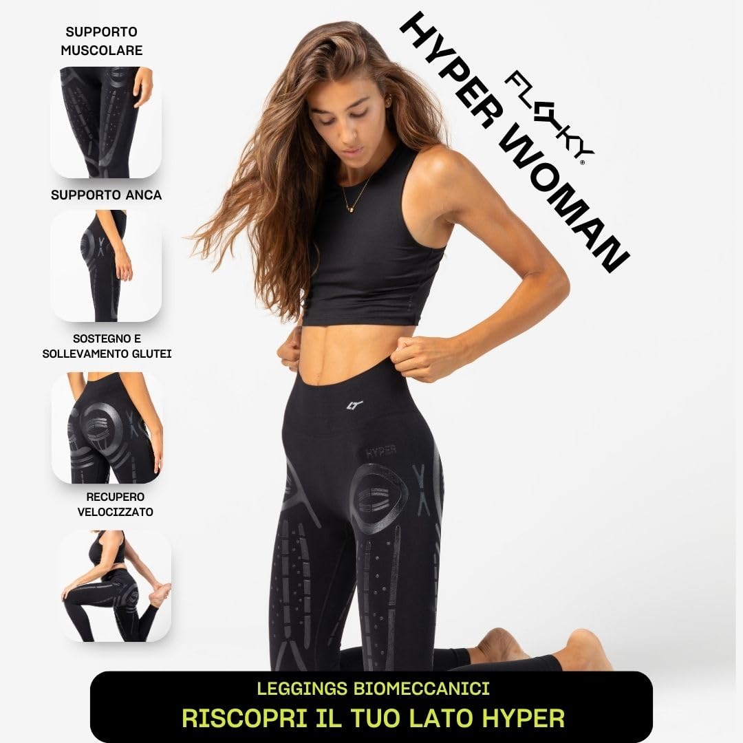 FLOKY Hyper Woman Leggings biomeccanico. Multisport. Leggings specifico per Donna a Compressione Graduata. Migliora la stabilità Muscolare. Accelera Il Recupero Post Allenamento. Nero. S/M