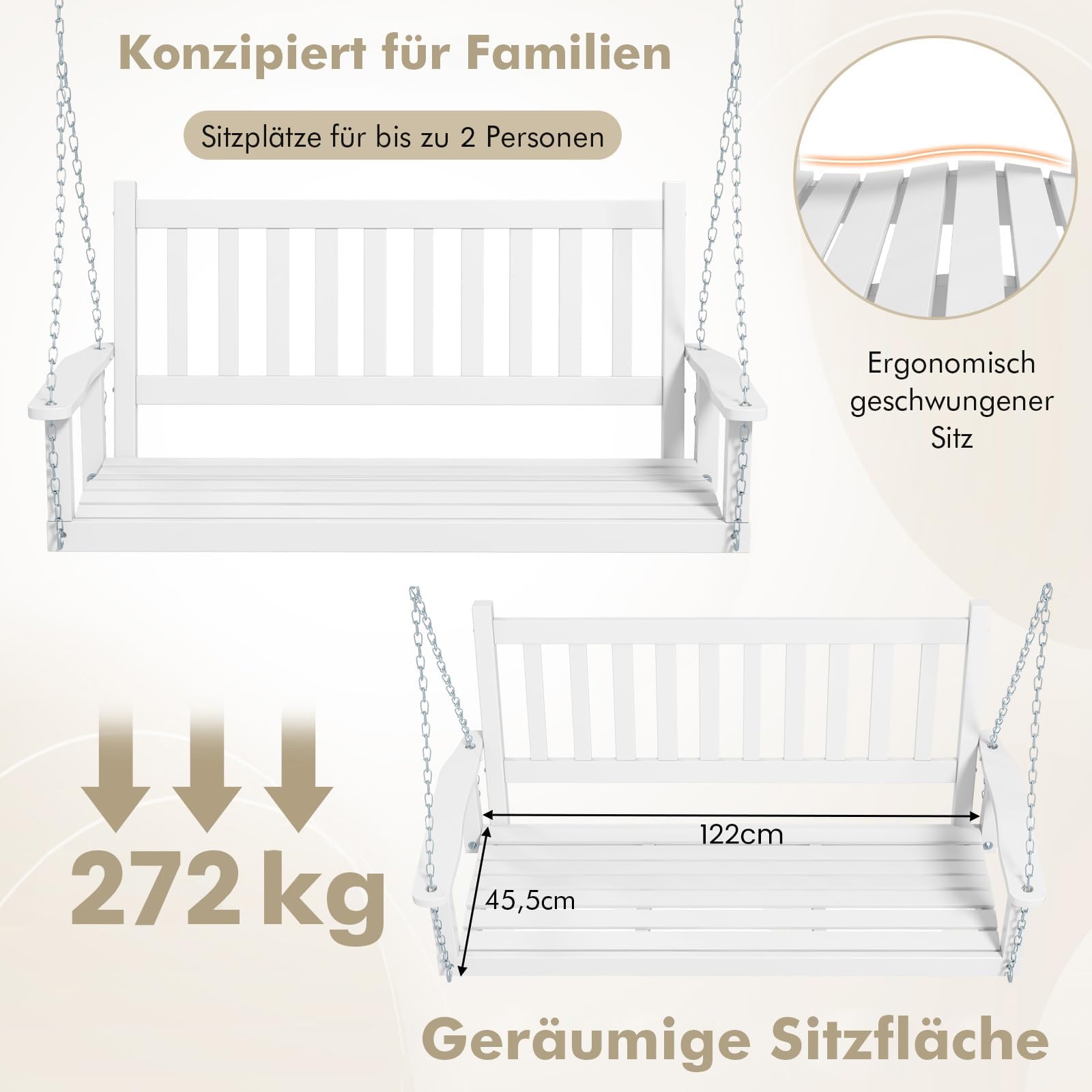 FANTASK Banco Colgante de Madera Maciza, Columpio de jardín de 2 plazas para Colgar, Columpio de jardín de hasta 230 kg, Columpio para Exteriores, Color Blanco, 136 x 67 x 63 cm