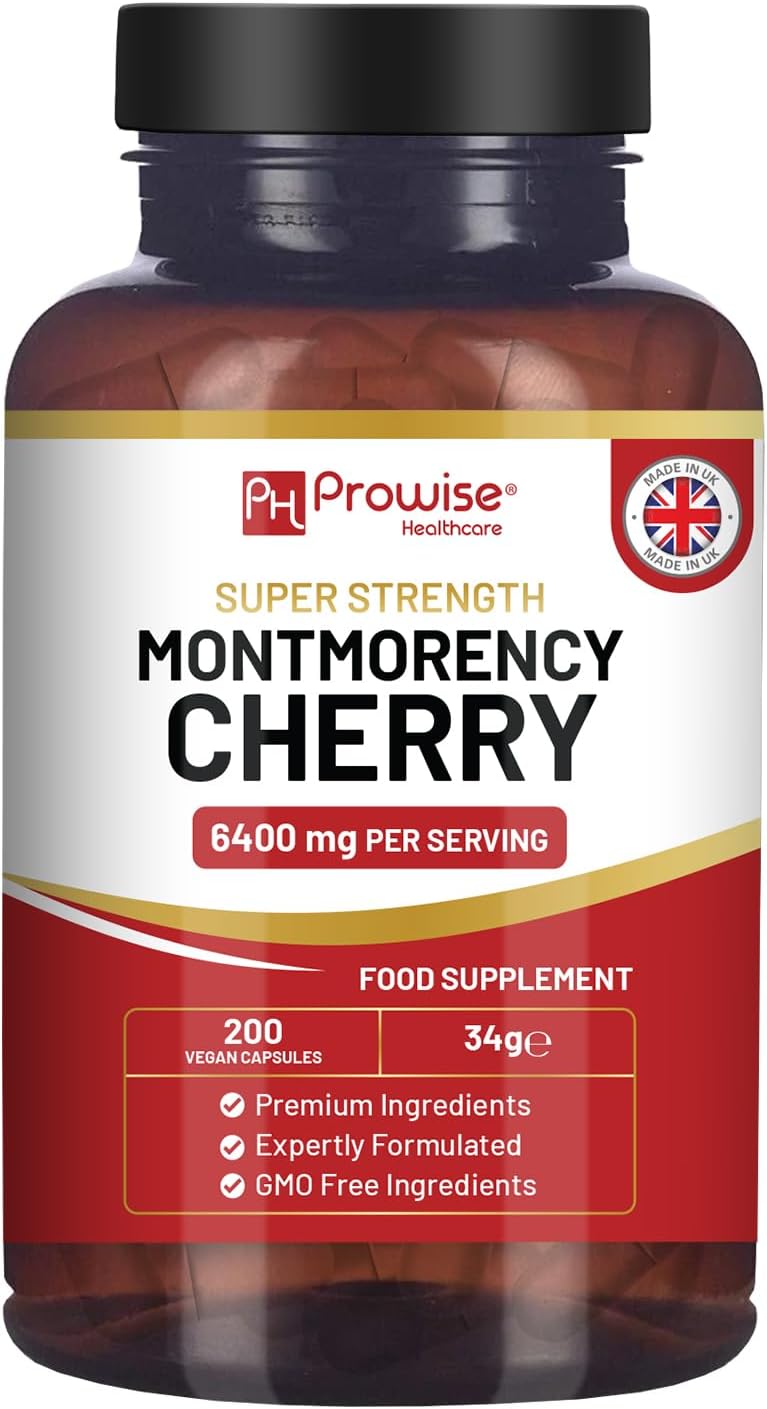 Montmorency Cherry 6400mg - 200 Tart Cherry Capsules - Natural Tart Cherry Extract Supplement for Men & Women – Super Strength, Gluten Free, Vegan and GMO Free - Made in the UK by Prowise