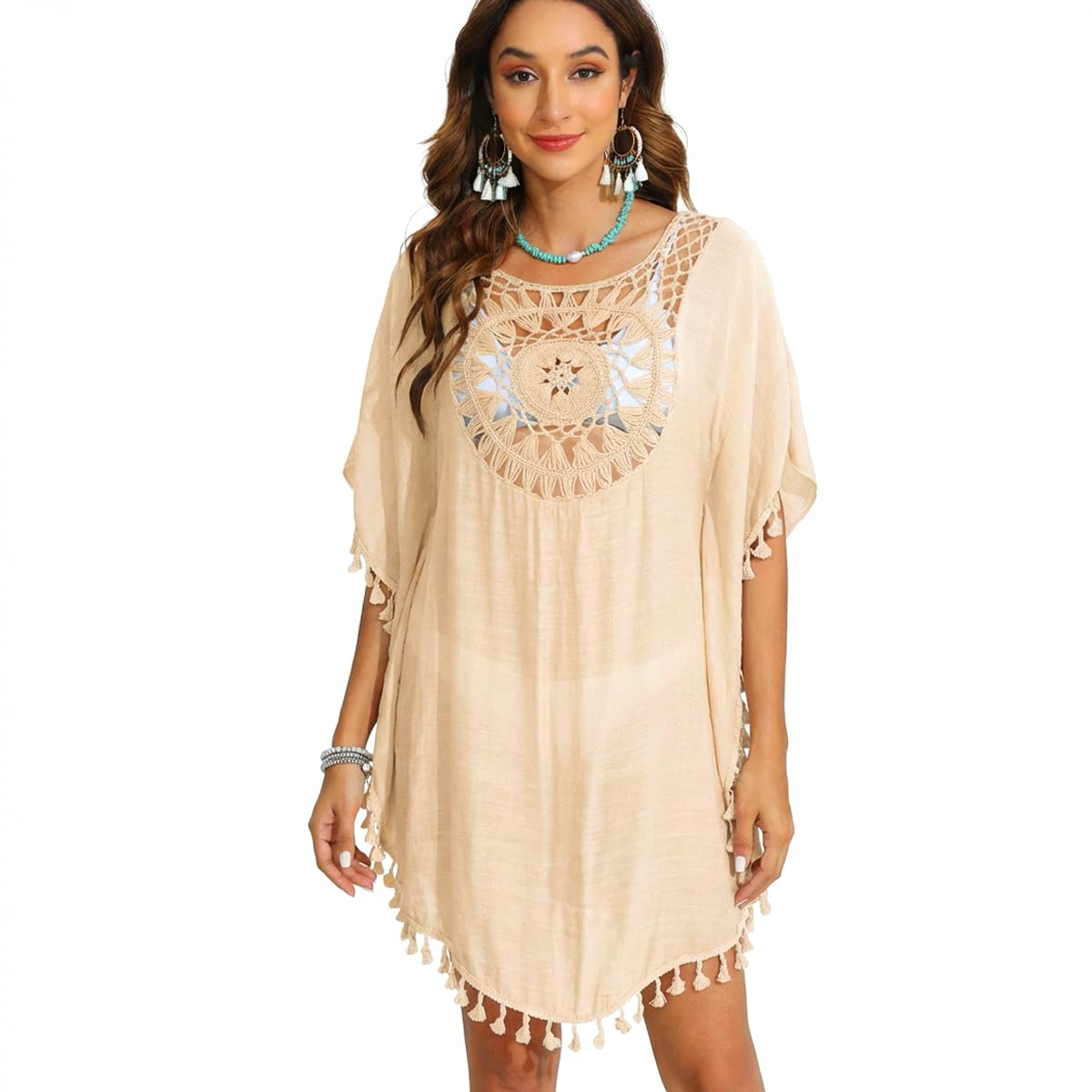 Women's Beach Cover Up Dress, Crochet Lace Trim Swimsuit Cover Up, Lightweight Sheer Tunic Kaftan for Beach, Poolside, Vacation & Resort Wear