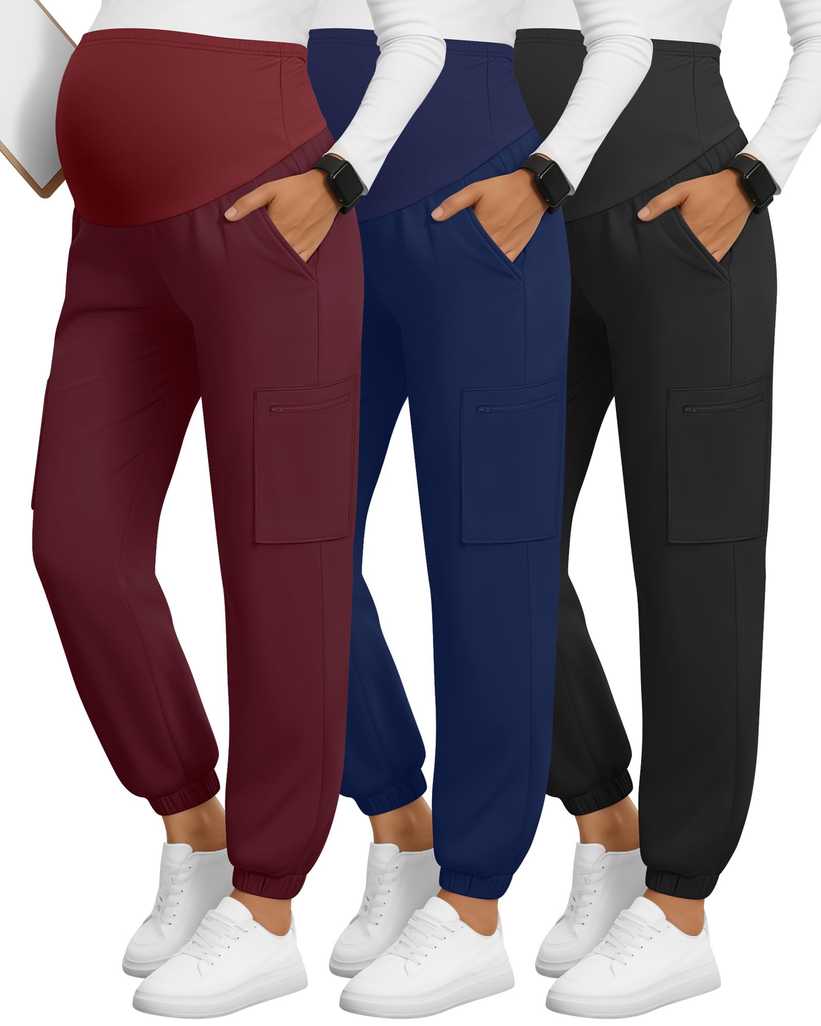 3 Pack Womens Maternity Scrub Pants Workwear Pregnancy Jogger Pants Over Belly Yoga Sweatpants Zippered Pockets