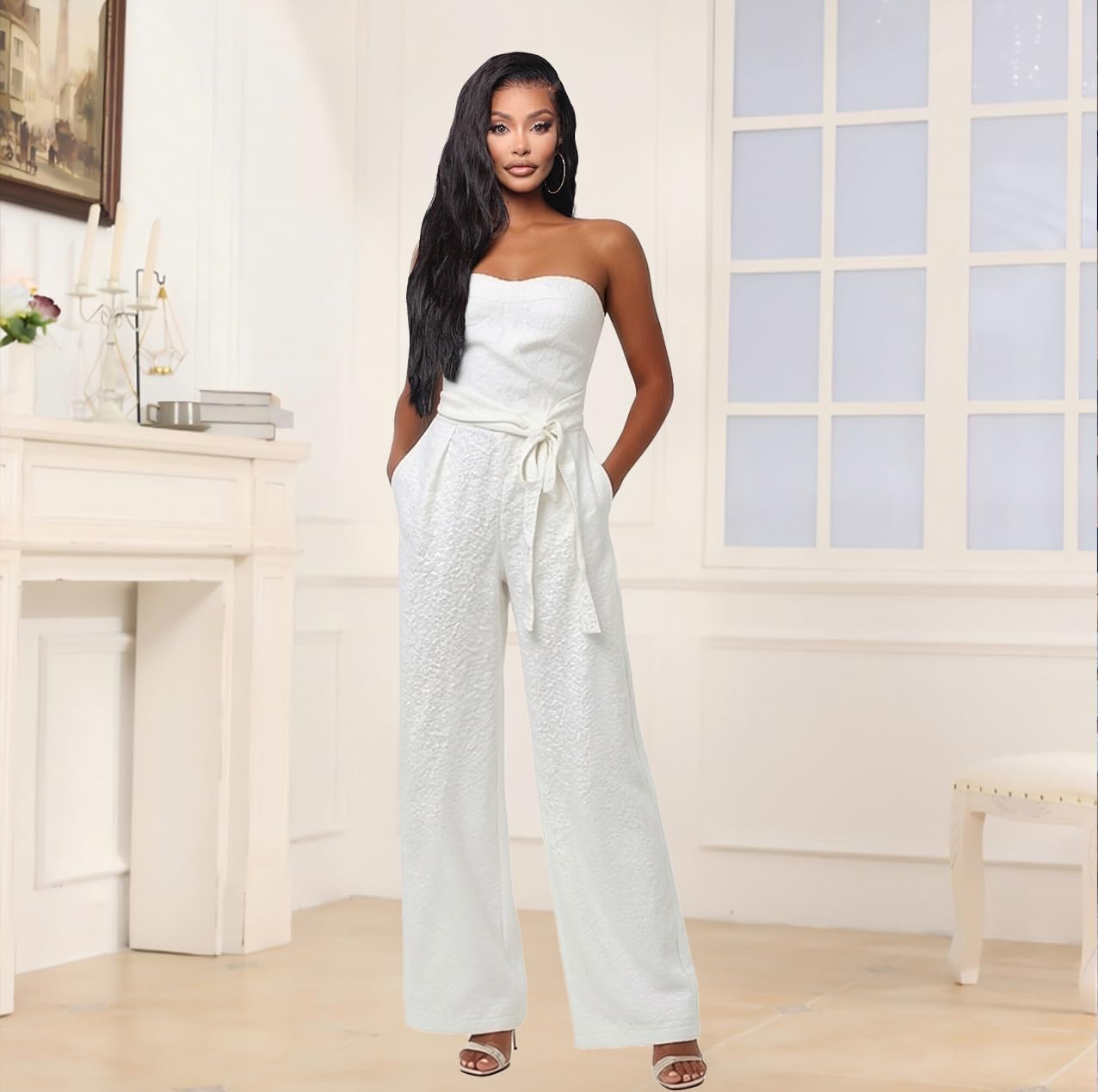 LightlyKiss Women's Casual Sleeveless Wide Leg Jumpsuit Fashion Pleated Long Pants Rompers
