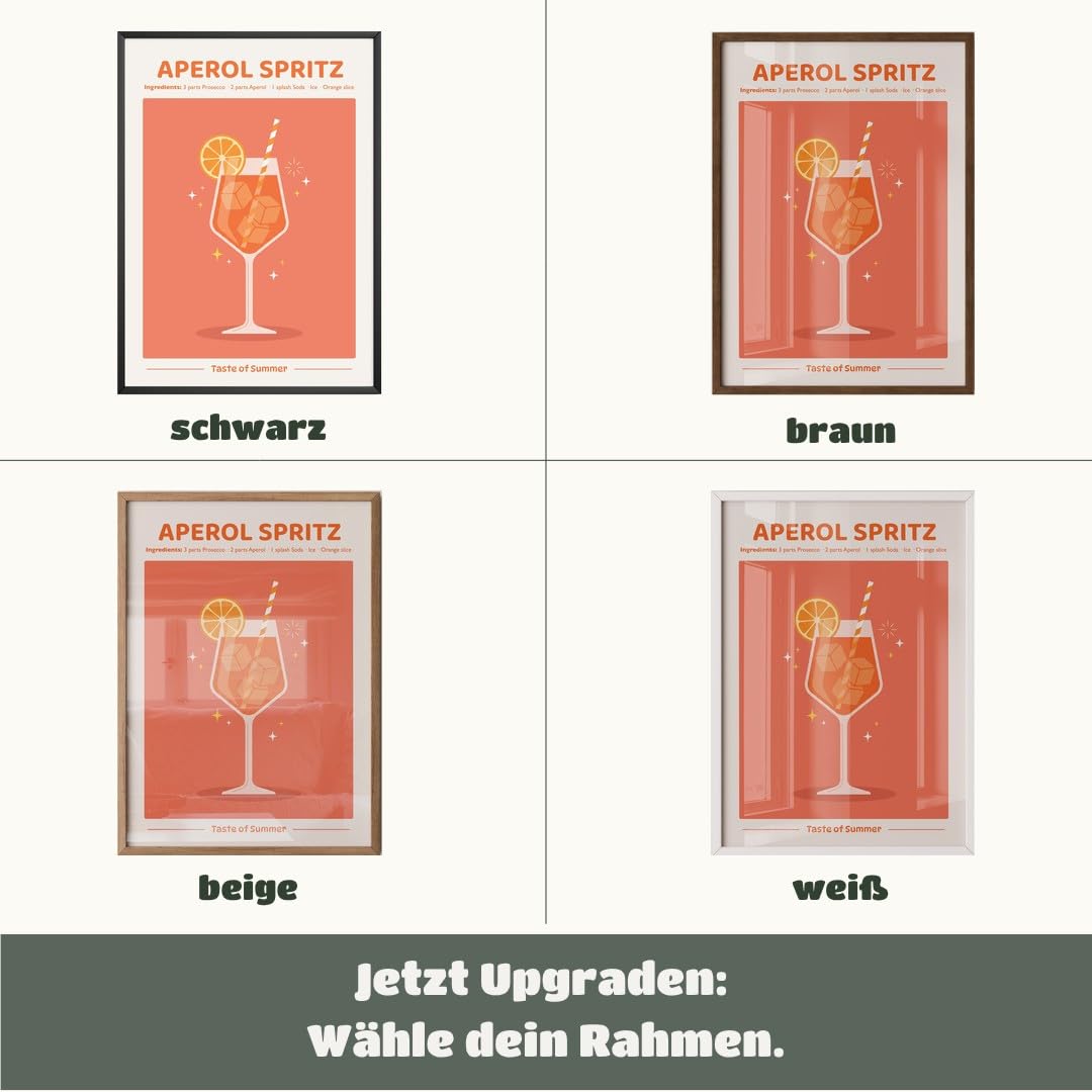 MJ-GRAPHICS® Poster Aperol Spritz Wandbild Sommer Getränk Deko minimalistisch Orange Küche Kunstdruck modern Wohnzimmer Bilder erfrischend stilvoll Farbakzent 50x70 mit schwarzem Rahmen