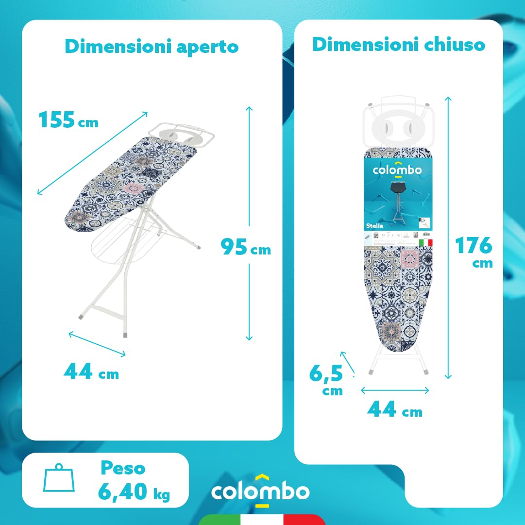 Colombo | Stella Asse da Stiro 120x124cm Porta Caldaia 10kg Portabiancheria | Tavola da Stiro Pieghevole Altezza Regolabile Max 95cm | Copri Asse da Stiro in Cotone Biologico | Made in Italy