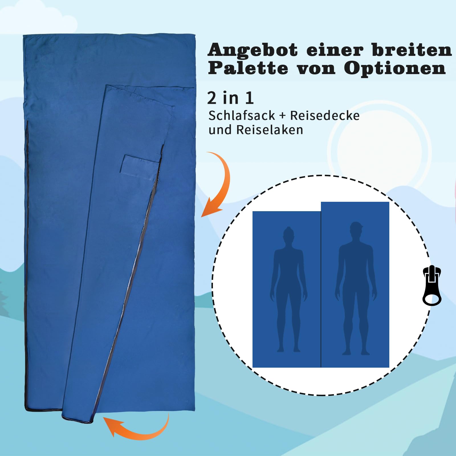 IEEILULU Hüttenschlafsack Baumwolle, Hüttenschlafsack, Reiseschlafsack mit Zwei Wege Reißverschluss Handytasche, Kleines Packmaß, Schlafsack Ultraleicht für Erwachsene Camping Wandern Hotels