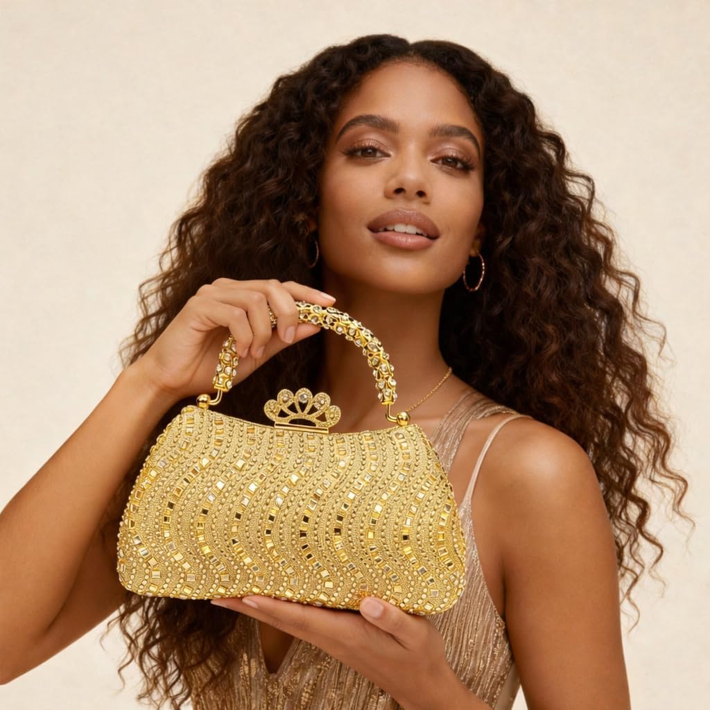 Luxury Crystal Rhinestone Evening Clutch for Women, Gold Wedding Party Purse with Handle, Elegant Formal Prom Cocktail Handbag for Brides & Special Occasions（Gold）