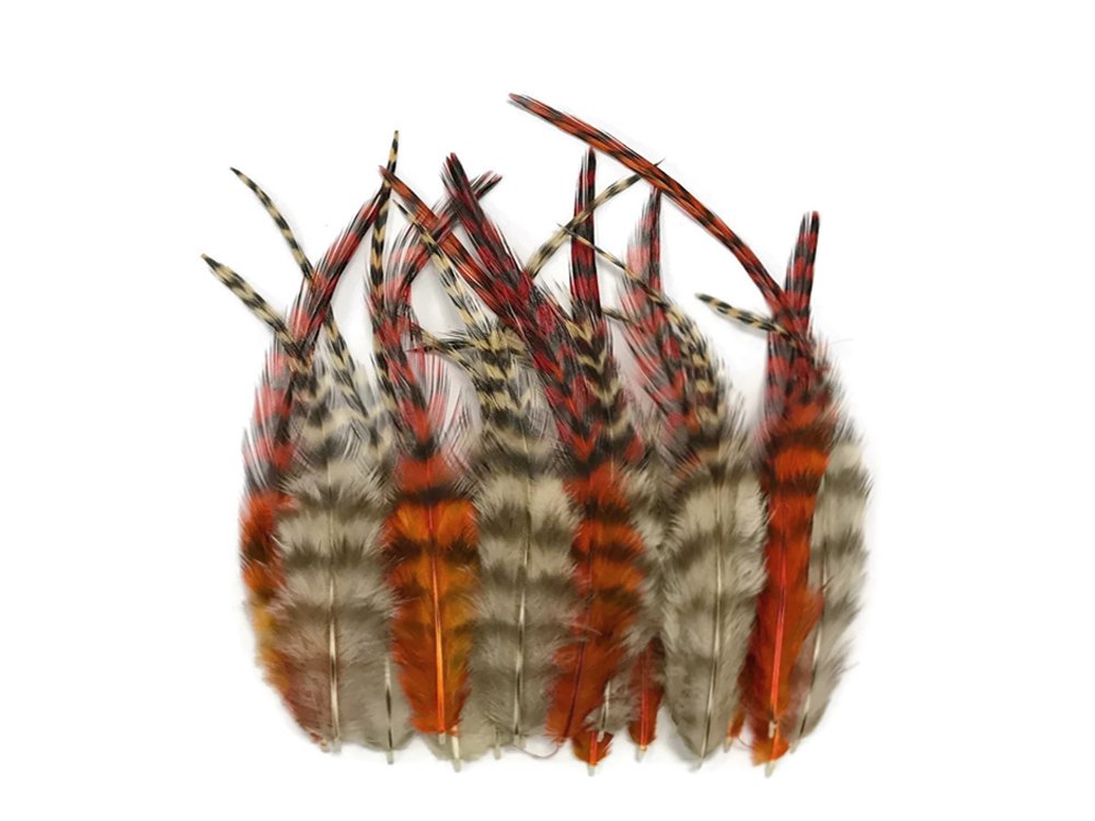 Hair Feathers, 2 Dozen - Short Orange And Tan Grizzly Rooster Hair Extension Feathers
