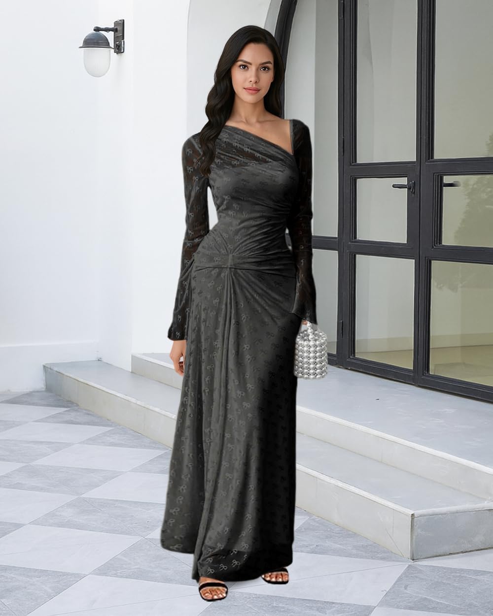 HWP Women Sexy Lace Maxi Dress Off Shoulder Long Sleeve Bodycon Dress Ruched Mesh Wedding Guest Cocktail Party Long Dresses - Image 3