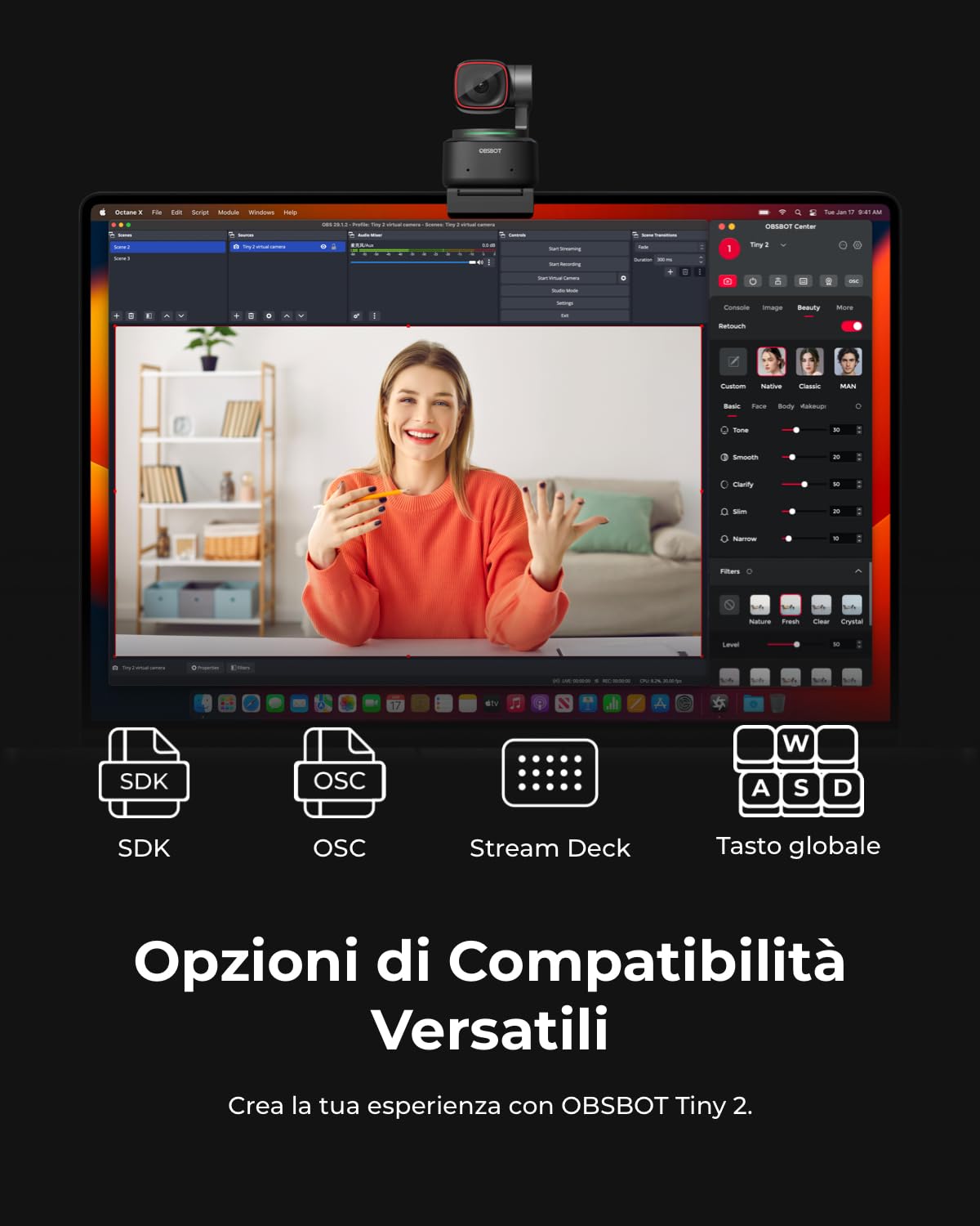 OBSBOT Tiny 2 Webcam 4K con Controllo Vocale PTZ e Tracciamento IA | 4K Webcam con Sensore 1/1.5", Controllo gestuale, 60FPS, HDR, Correzione luce, Auto Focus, per PC/Desktop/Meeting