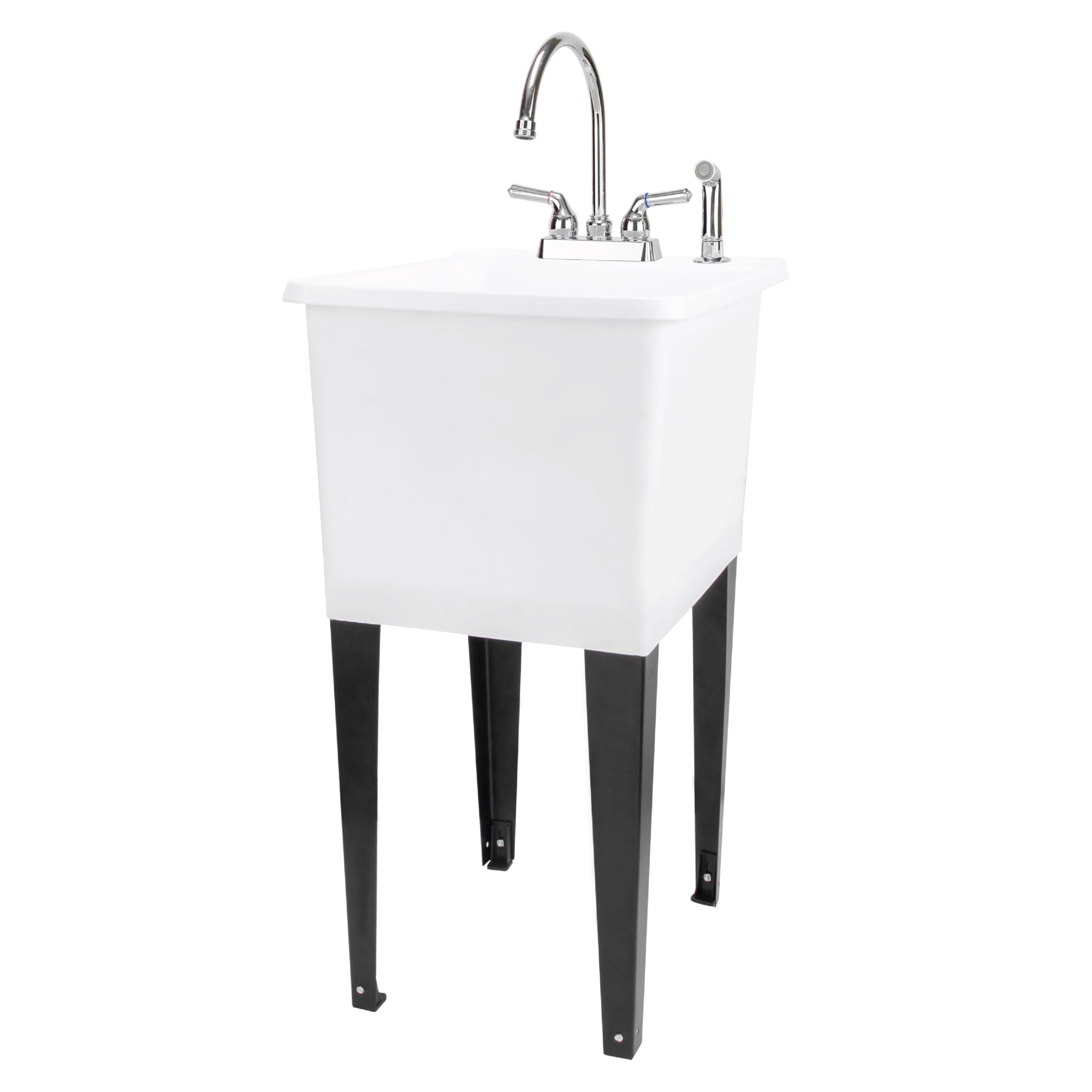 White Space Saver Utility Sink by JS Jackson Supplies, Freestanding Tehila Space Saving Laundry Tub, Chrome Gooseneck Faucet with Side Sprayer